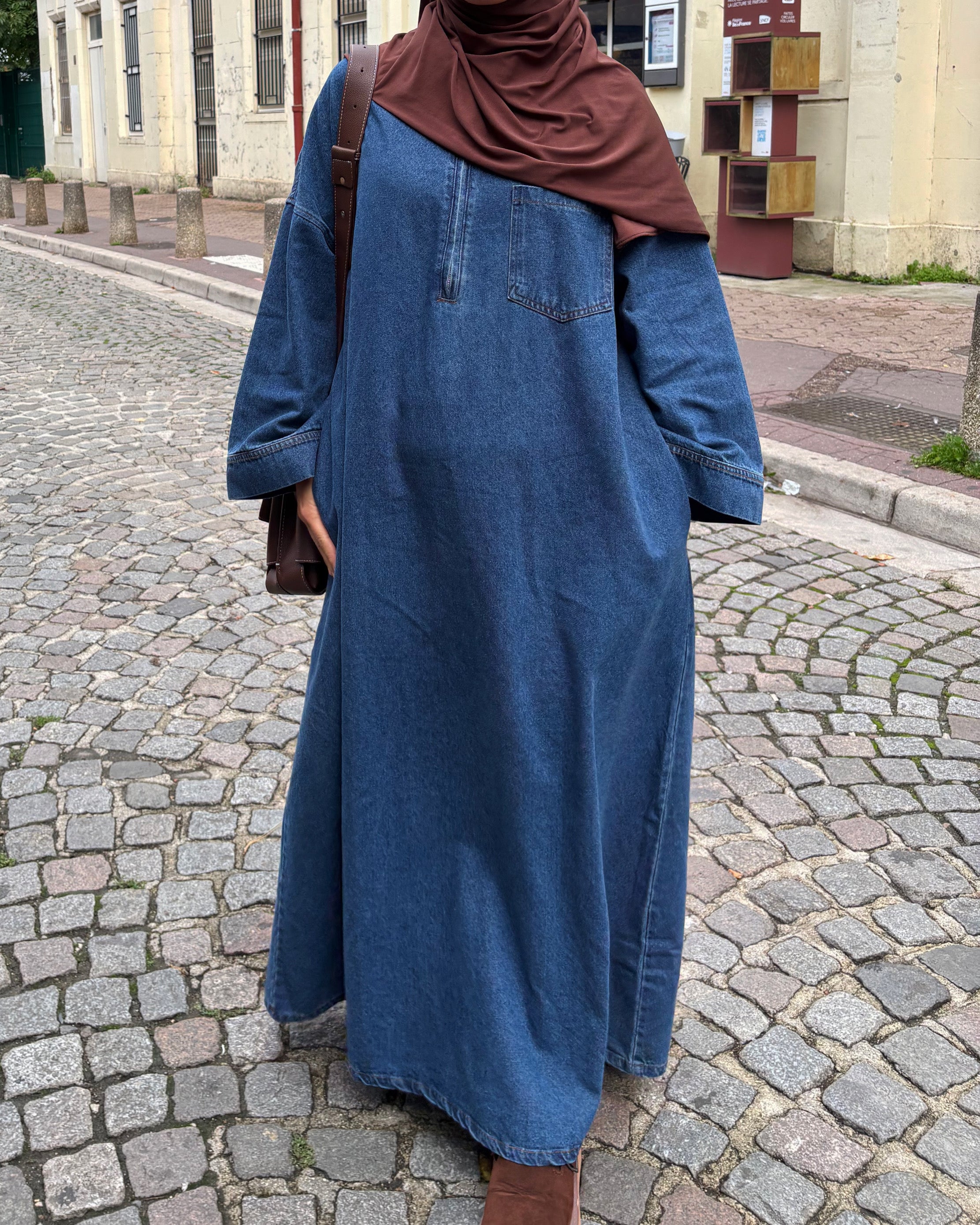 Abaya en jean zippée 100 % coton – Moderne & Tendance