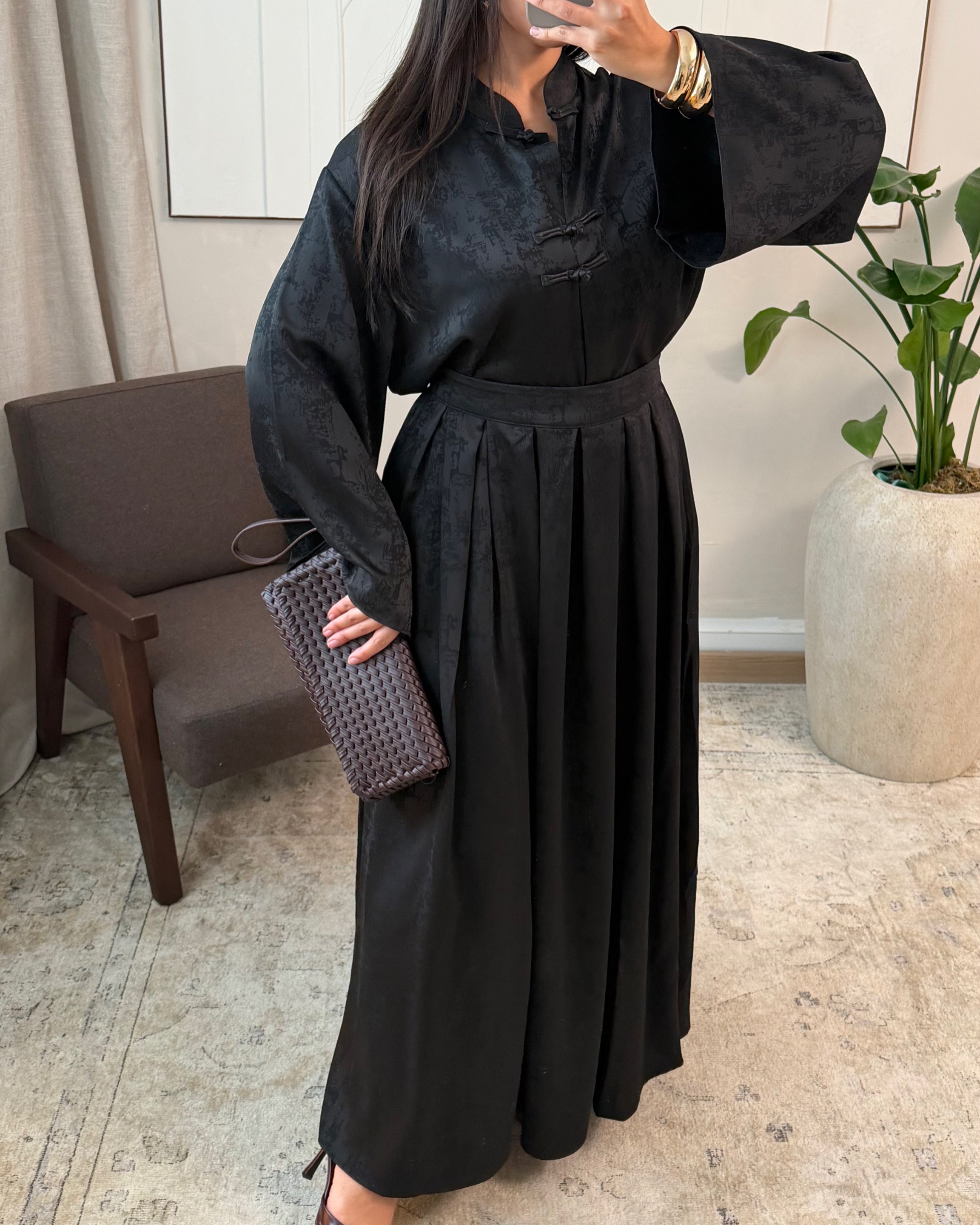 Ensemble Modest Fashion Femme – Tunique Fluide & Jupe Longue Satinée Élégante