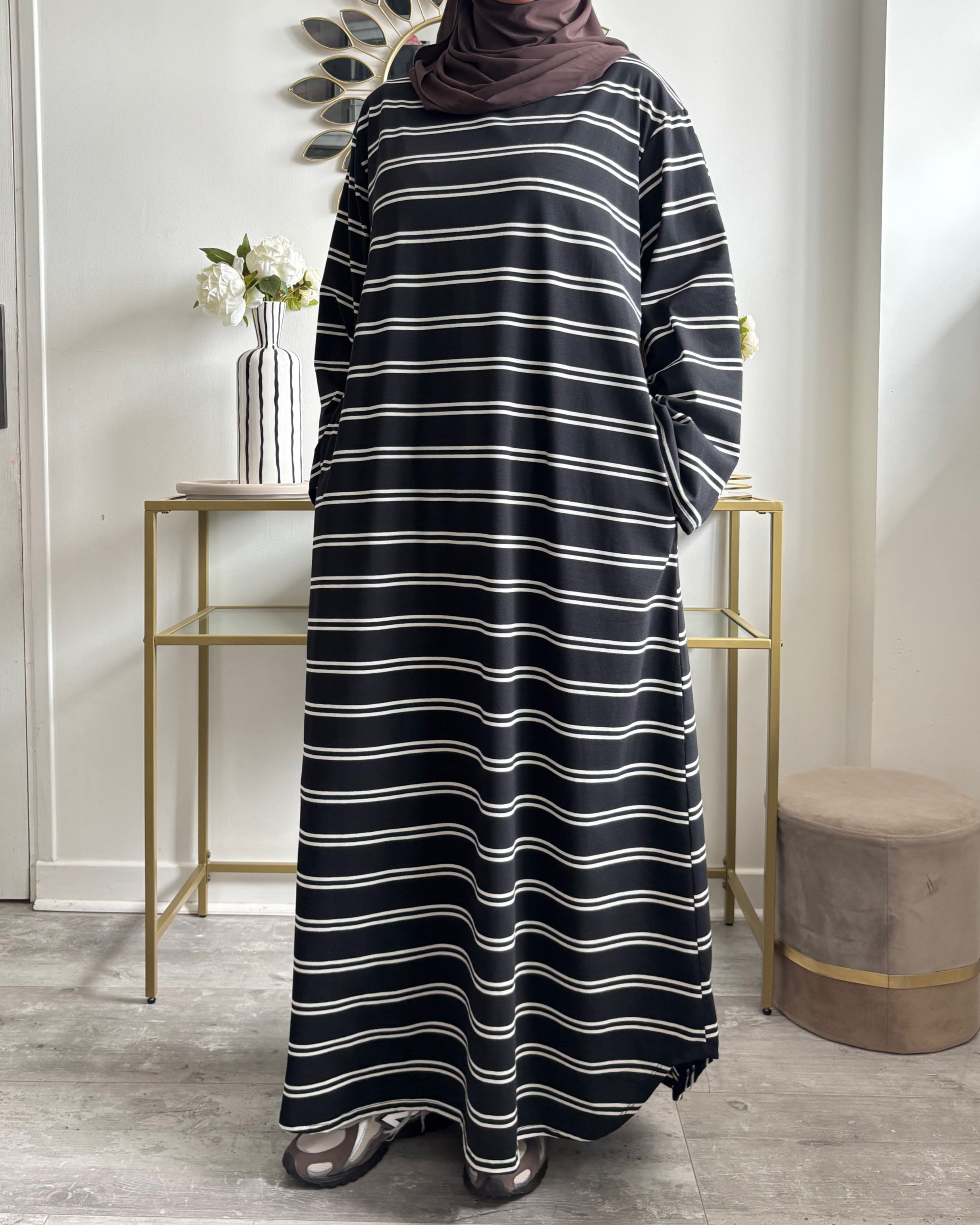 Robe longue polo rayée en coton – Manches évasées & poches
