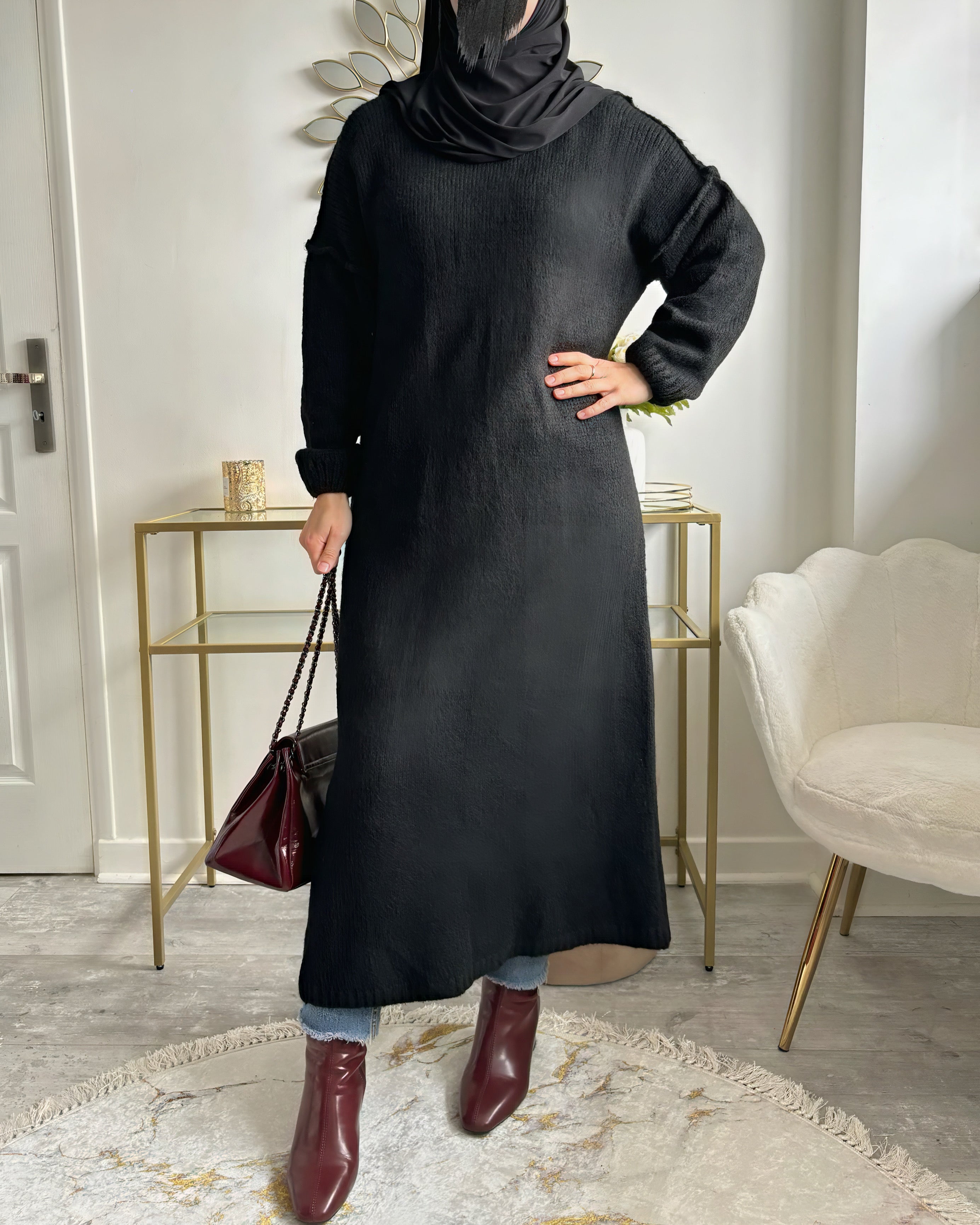 Pull Maxi Long en Maille Douce - Bordeaux & Noir | Modest Fashion Hiver