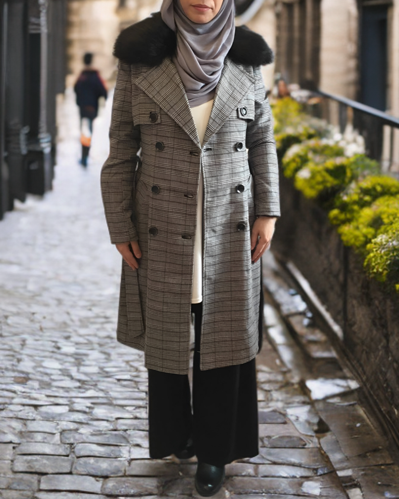 Trench à carreaux – col fausse fourrure amovible