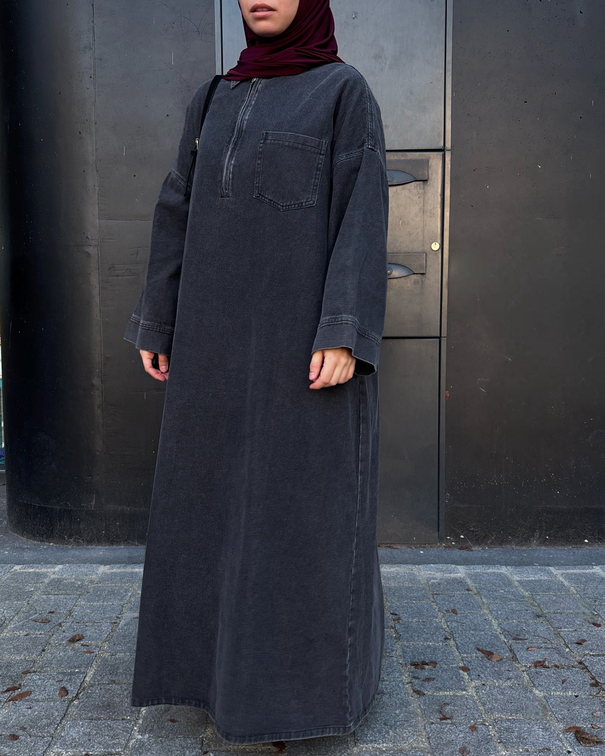 Abaya en jean zippée 100 % coton – Moderne & Tendance