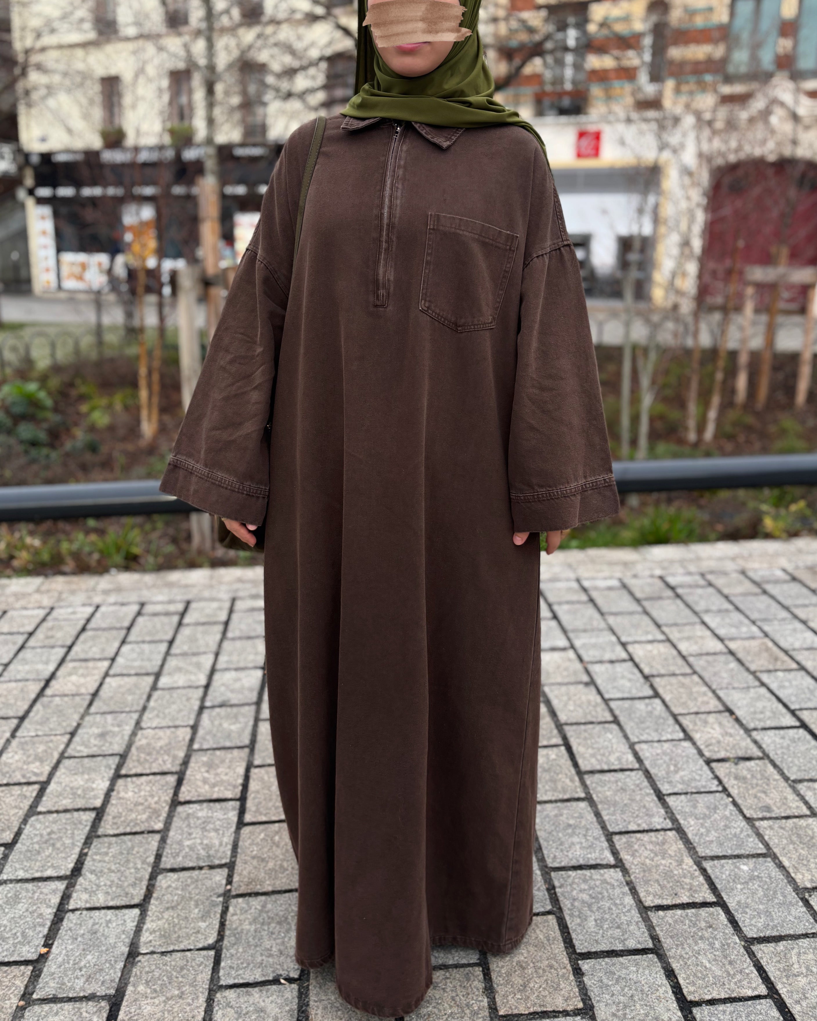 Abaya en jean zippée 100 % coton – Moderne & Tendance