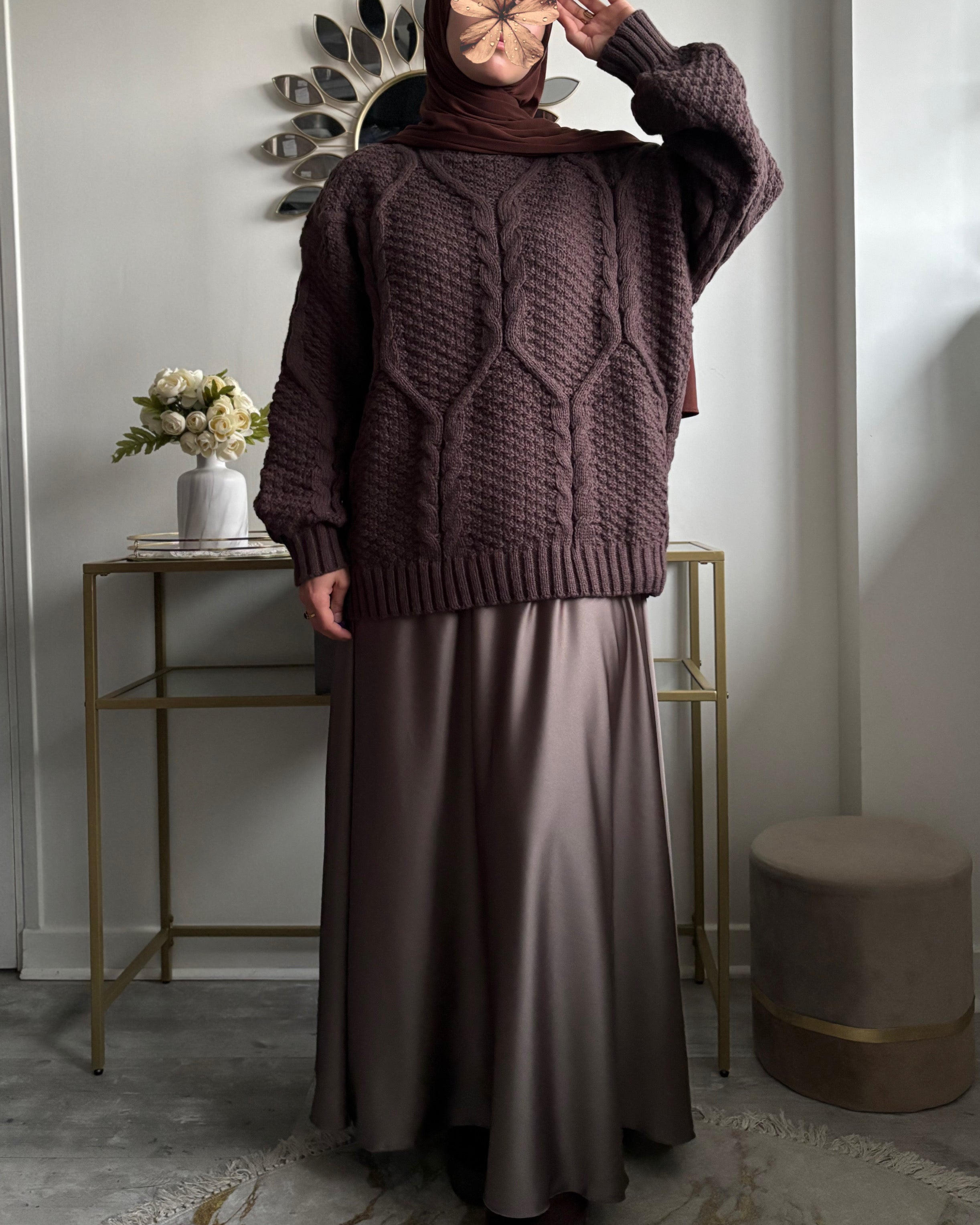 Pull Maille Texturé Marron Glacé – Élégance & Chaleur Modeste