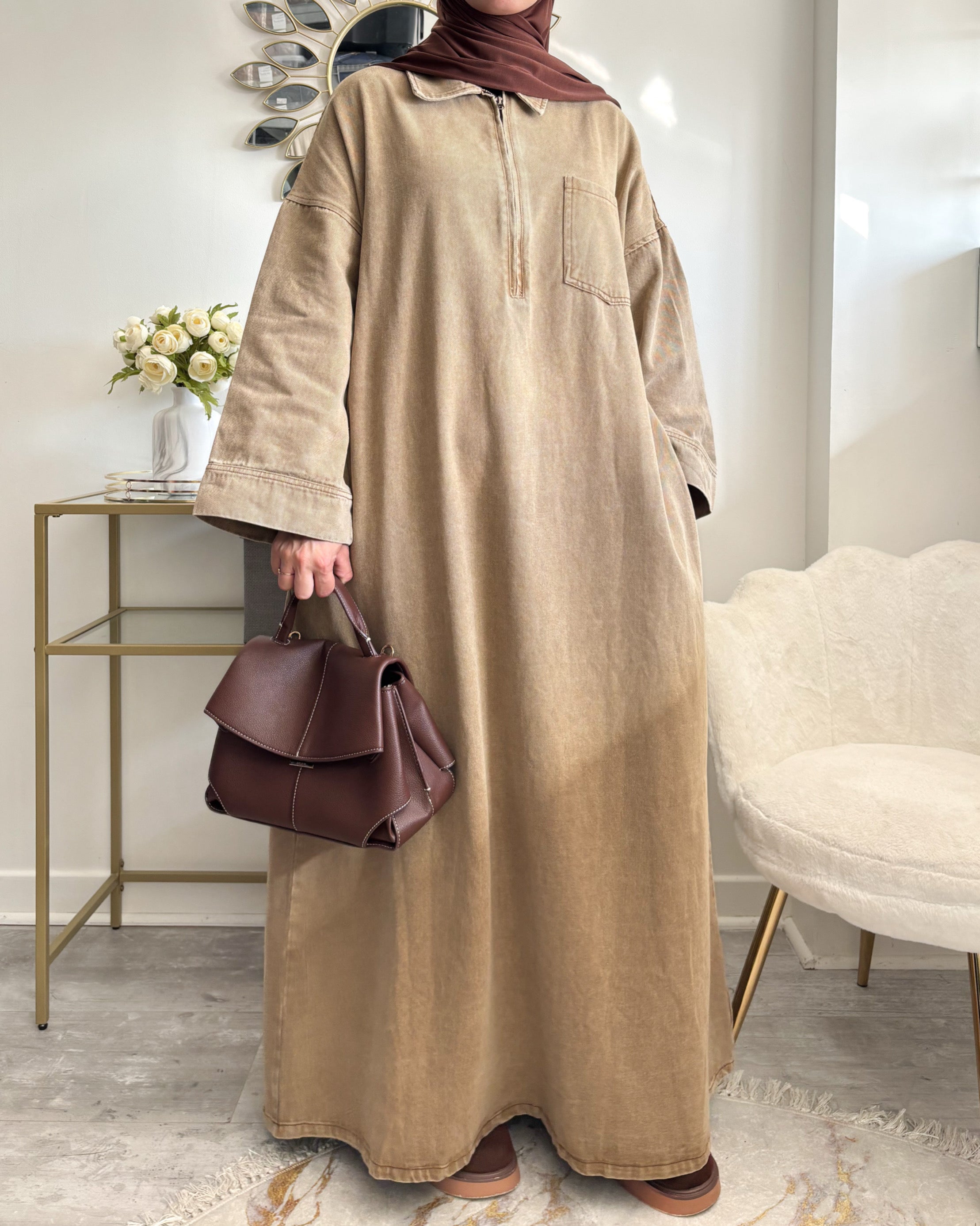 Abaya en jean zippée 100 % coton – Moderne & Tendance