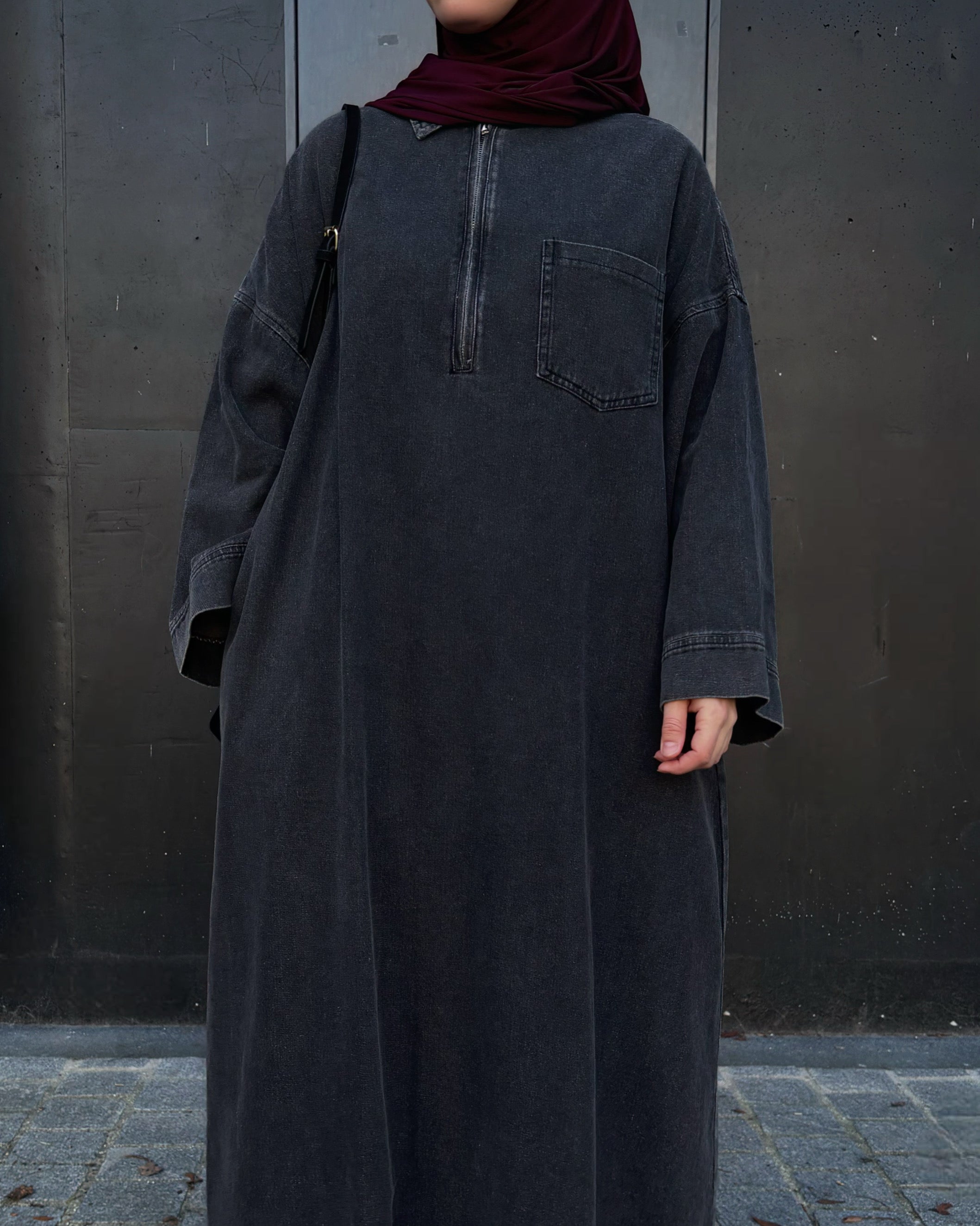 Abaya en jean zippée 100 % coton – Moderne & Tendance