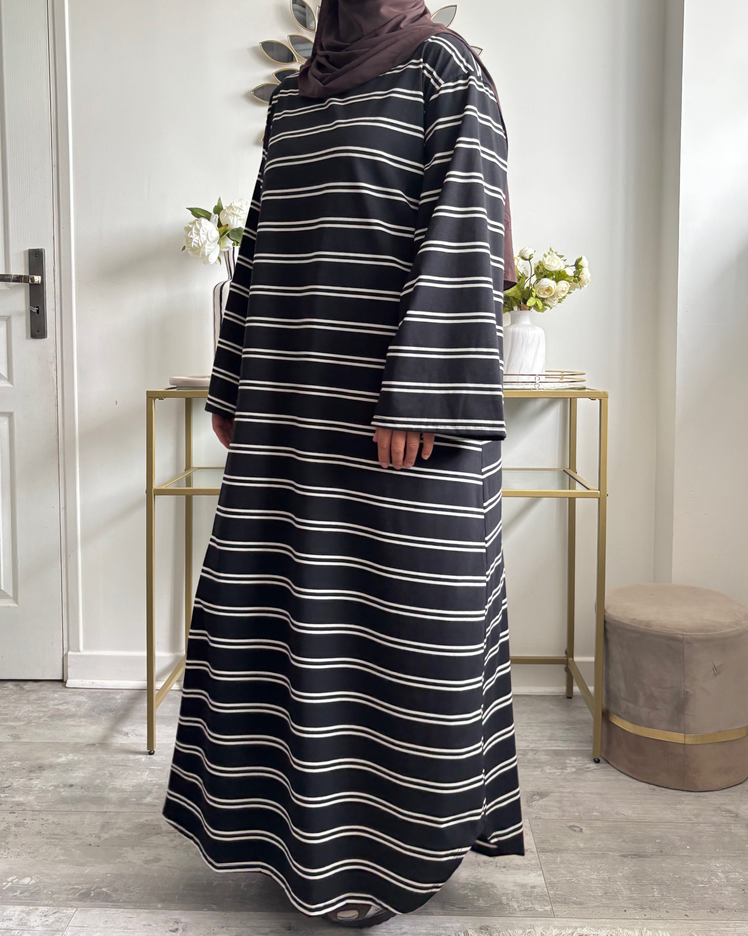 Robe longue polo rayée en coton – Manches évasées & poches