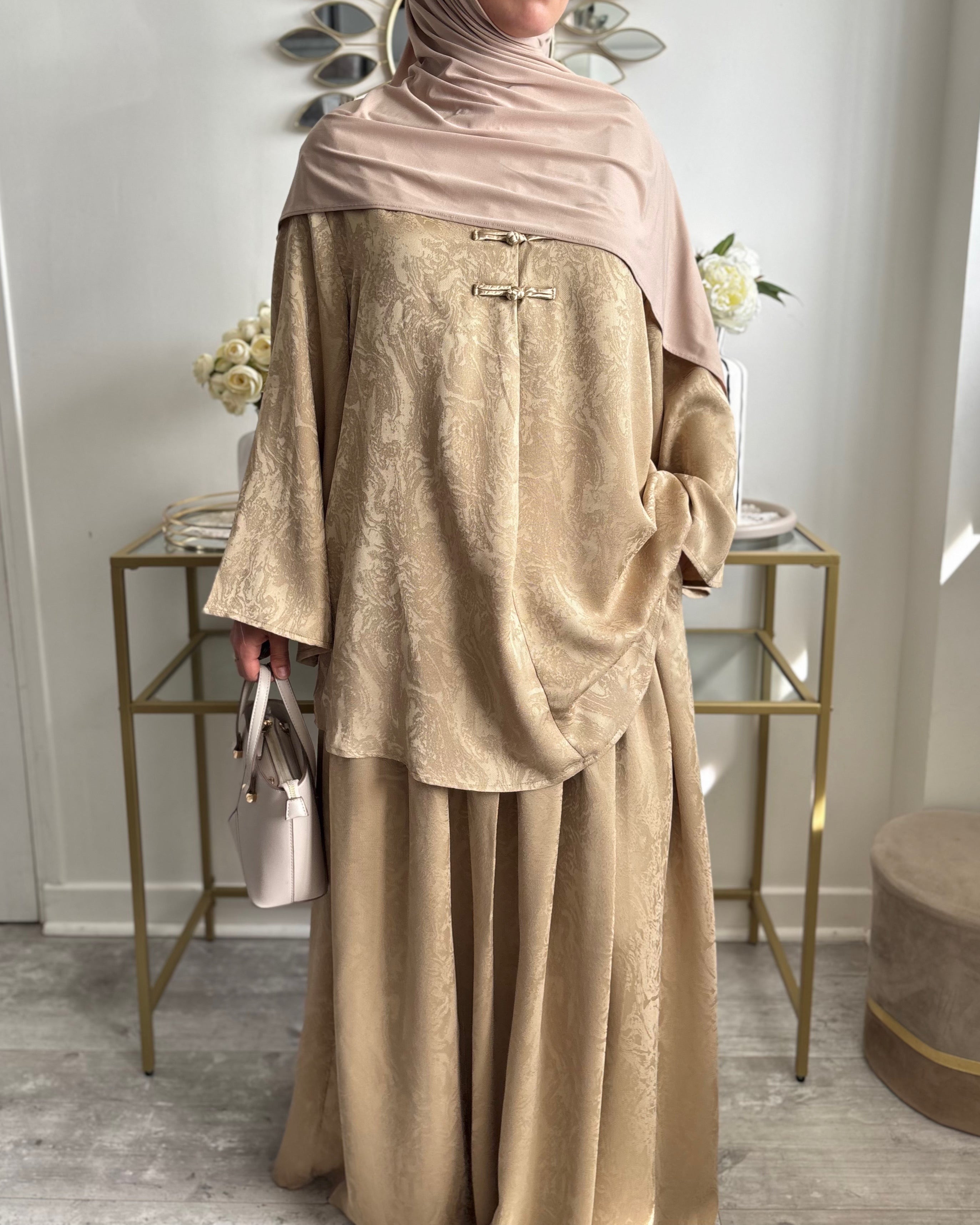 Ensemble Modest Fashion Femme – Tunique Ample & Jupe Longue Satinée Élégante