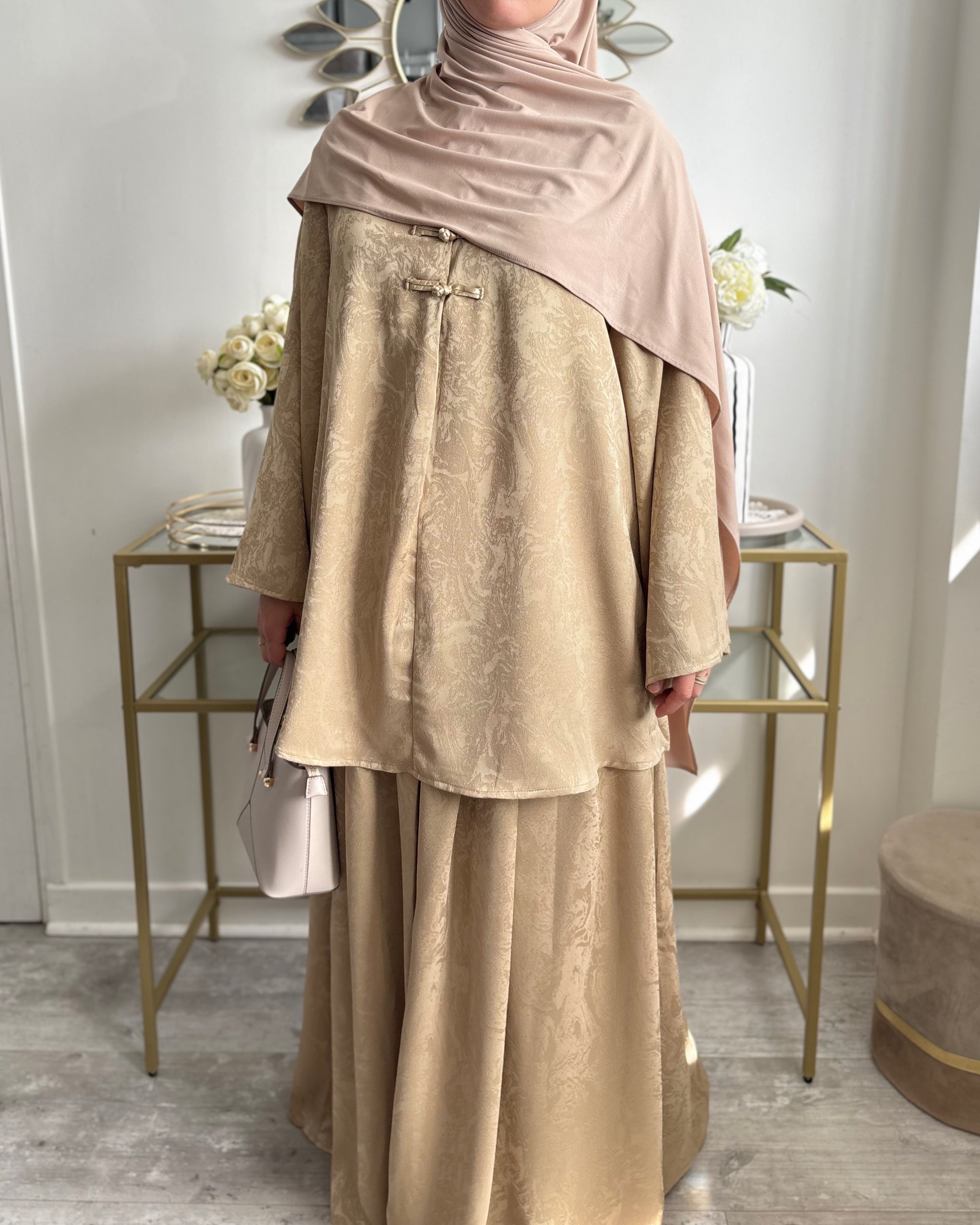 Ensemble Modest Fashion Femme – Tunique Ample & Jupe Longue Satinée Élégante