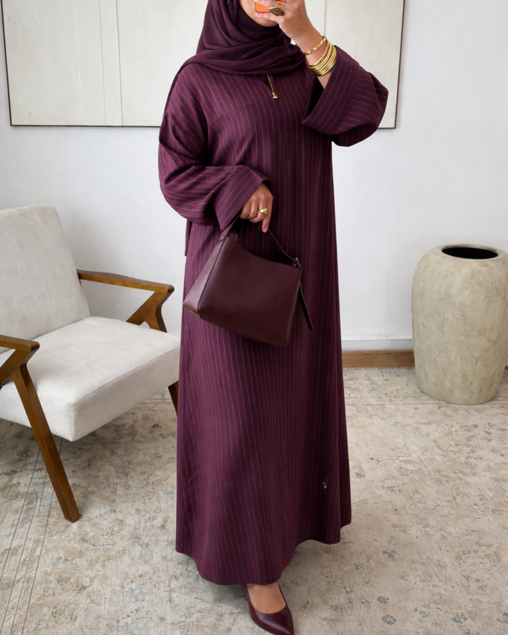 Abaya Rayée Col Polo Zip – | Modest Fashion Élégante & Naturelle