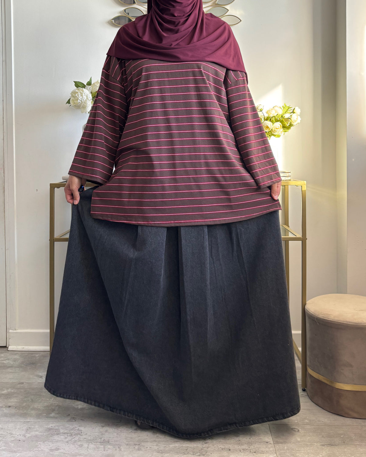 Jupe Longue en Jean Ample Noir Grisé – Modest Fashion