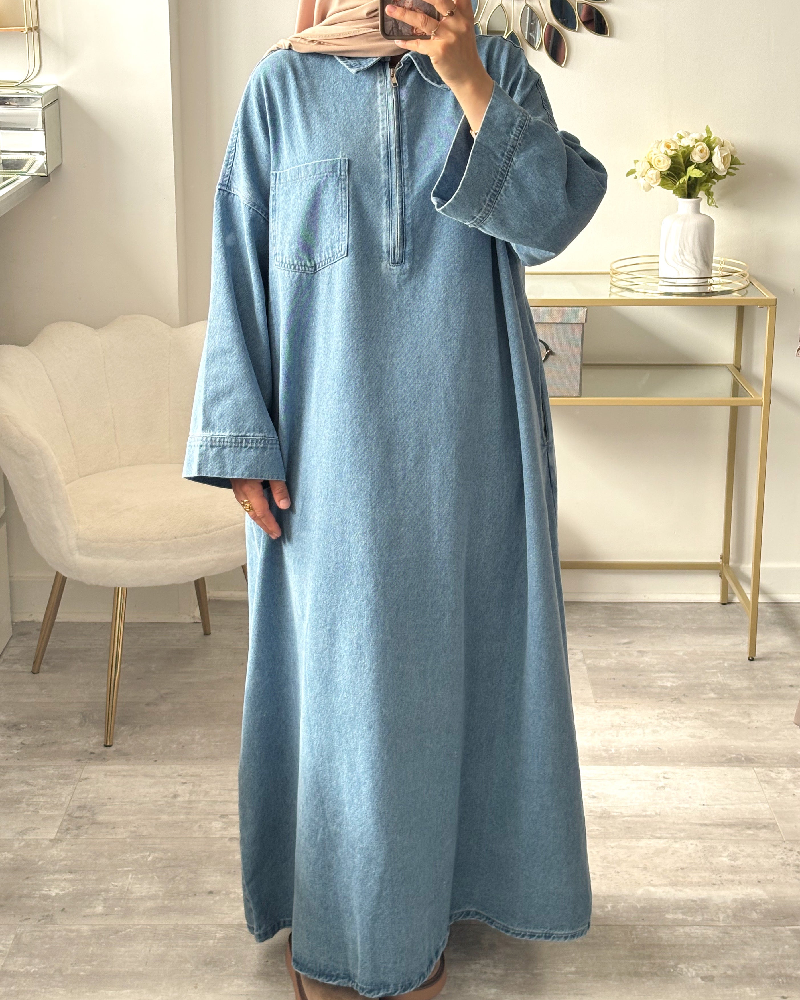 Abaya en jean zippée 100 % coton – Moderne & Tendance