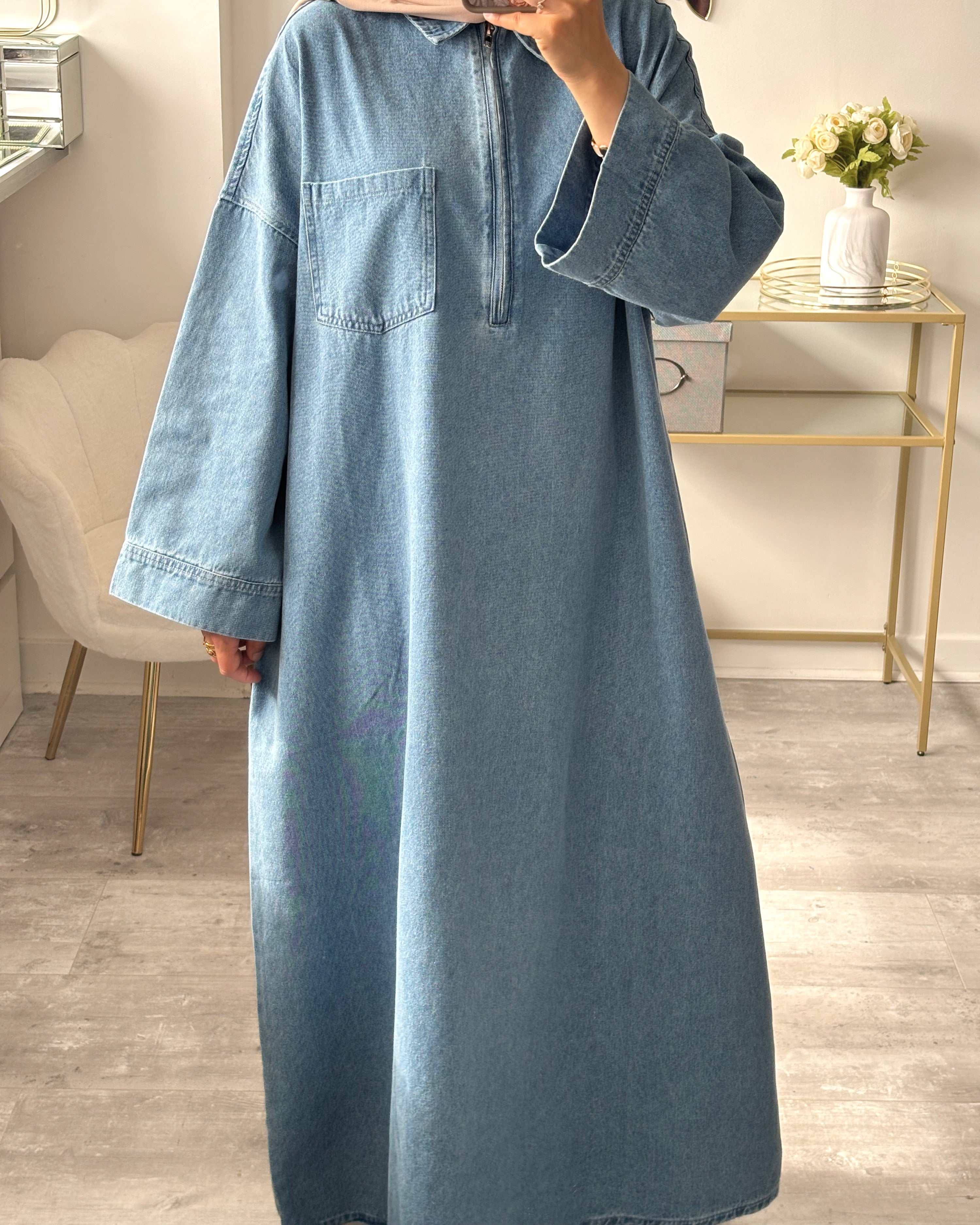 Abaya en jean zippée 100 % coton – Moderne & Tendance
