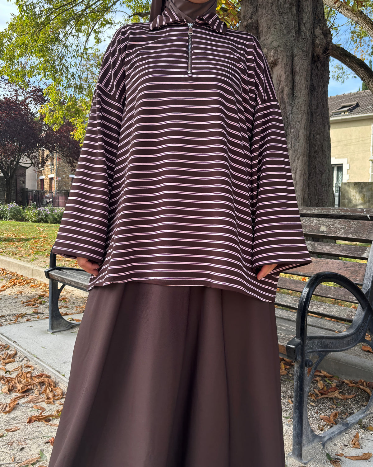 Polo long zippé Chocolat Rosé
