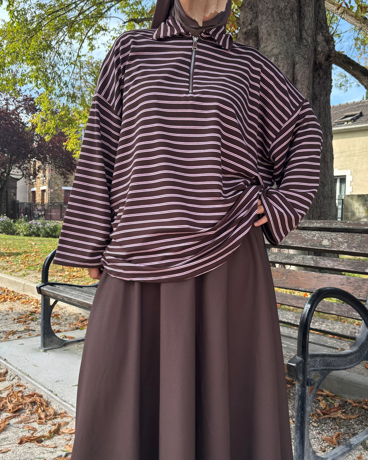 Polo long zippé Chocolat Rosé