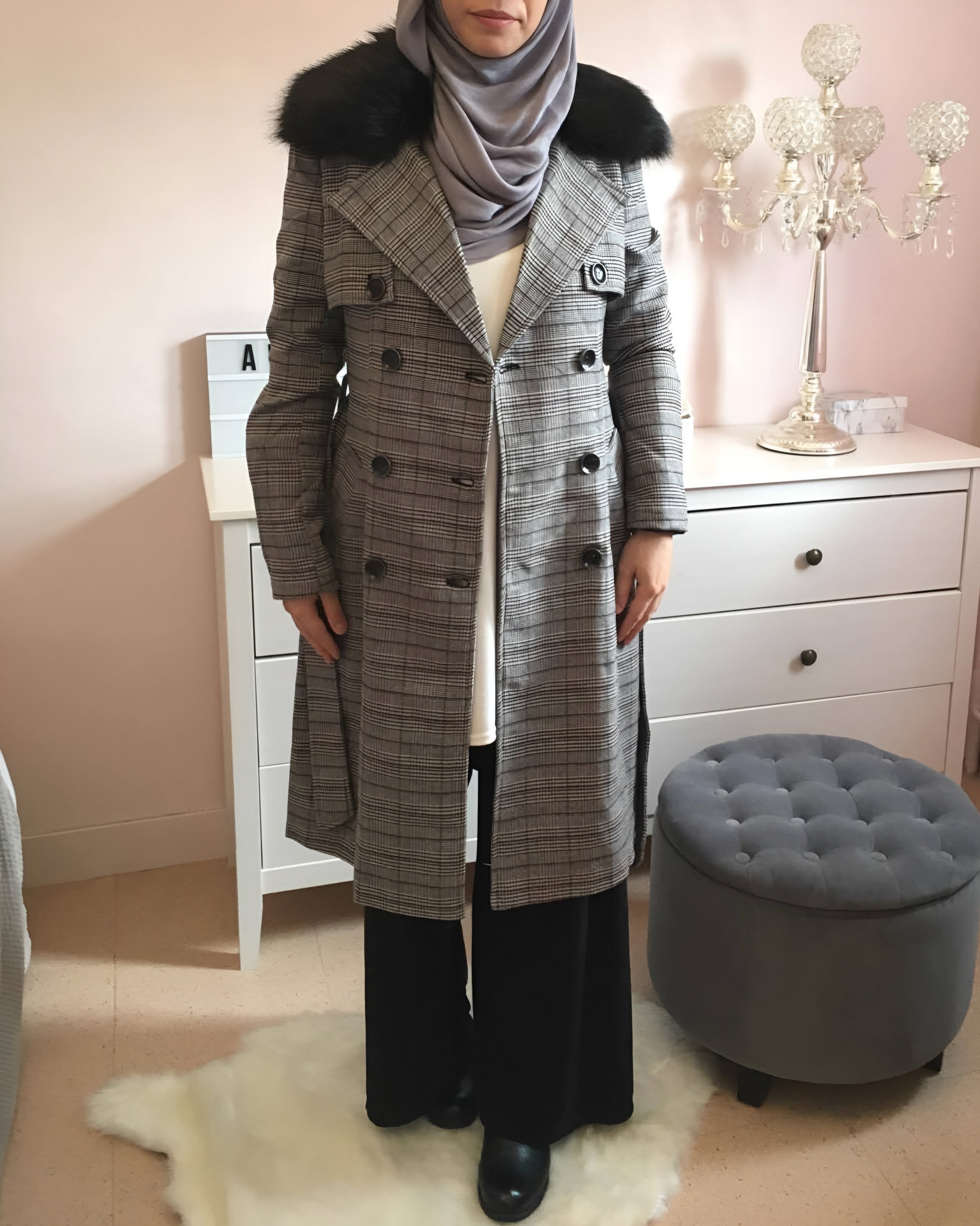 Trench à carreaux – col fausse fourrure amovible