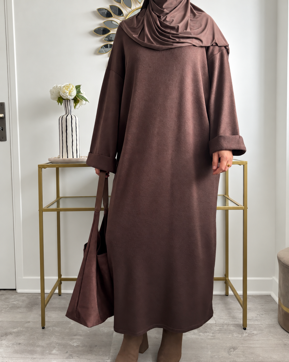Robe longue en maille fine – Taupe, marron & bordeaux foncé