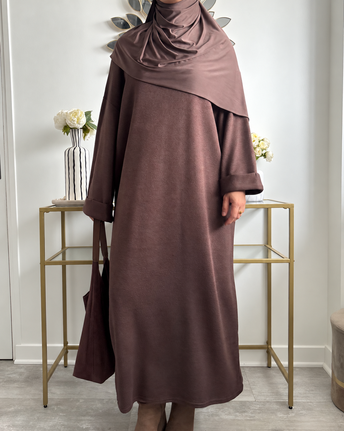 Robe longue en maille fine – Taupe, marron & bordeaux foncé