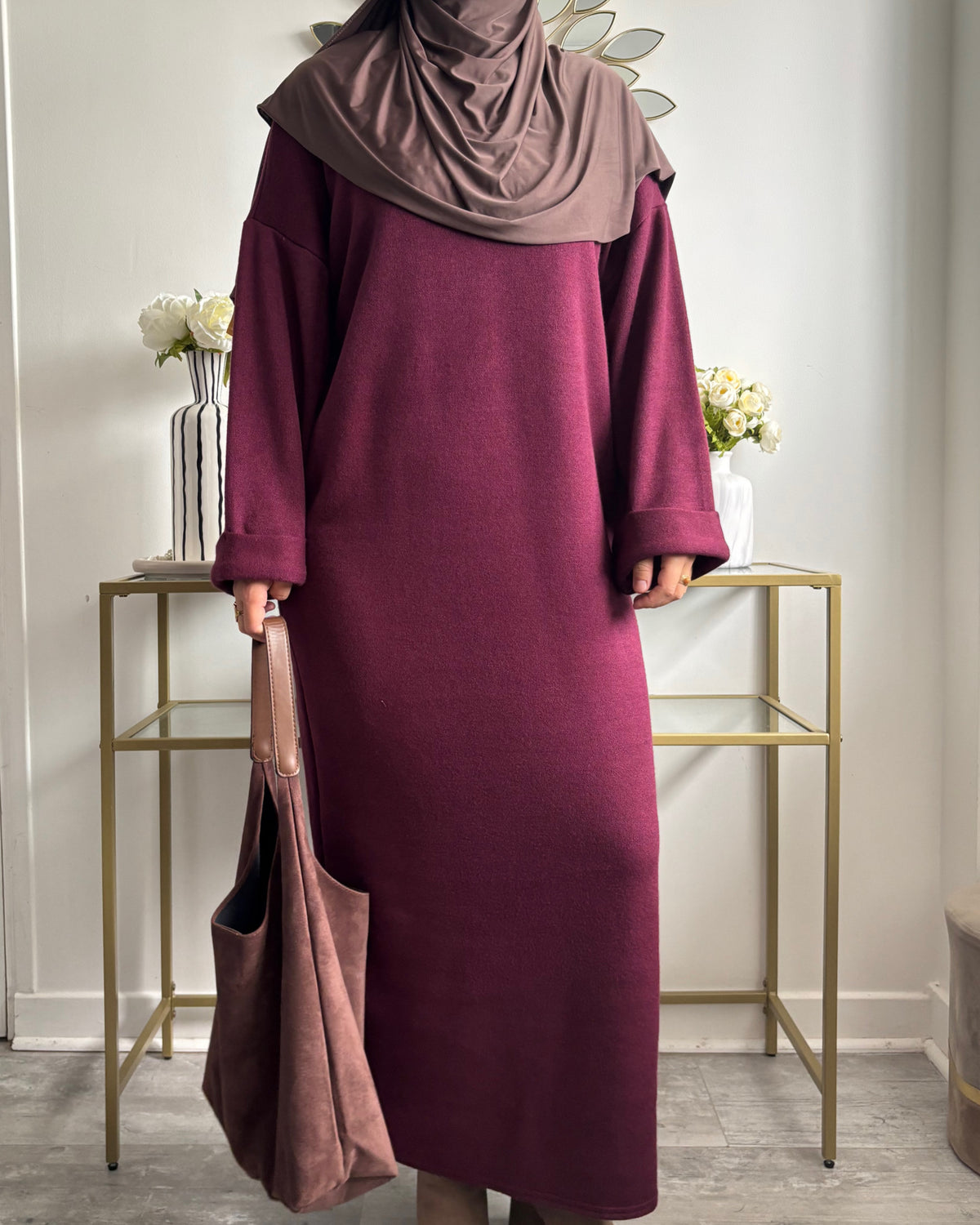 Robe longue en maille fine – Taupe, marron & bordeaux foncé