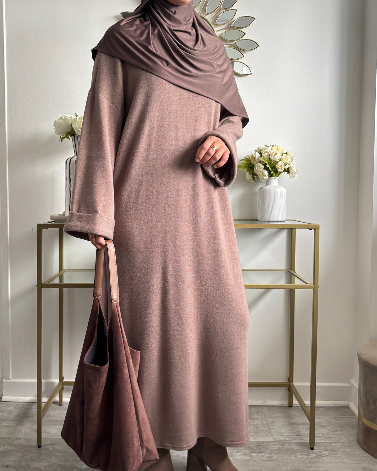 Robe longue en maille fine – Taupe, marron & bordeaux foncé