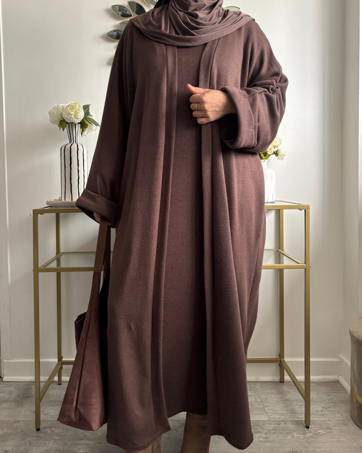 Gilet long façon kimono en maille marron