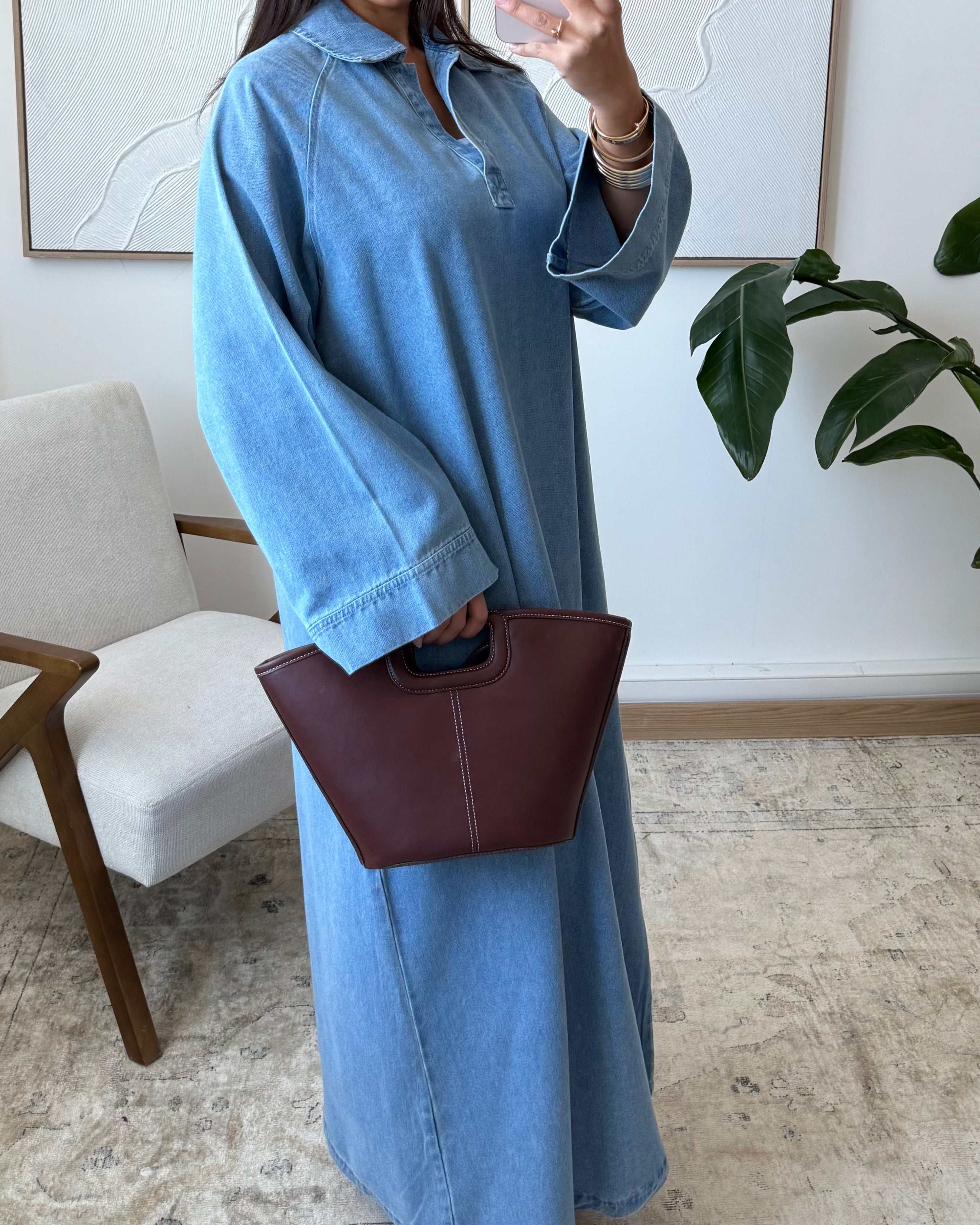 Abaya denim grande taille 100% coton foncé – Élégance pudique pour femmes musulmanes