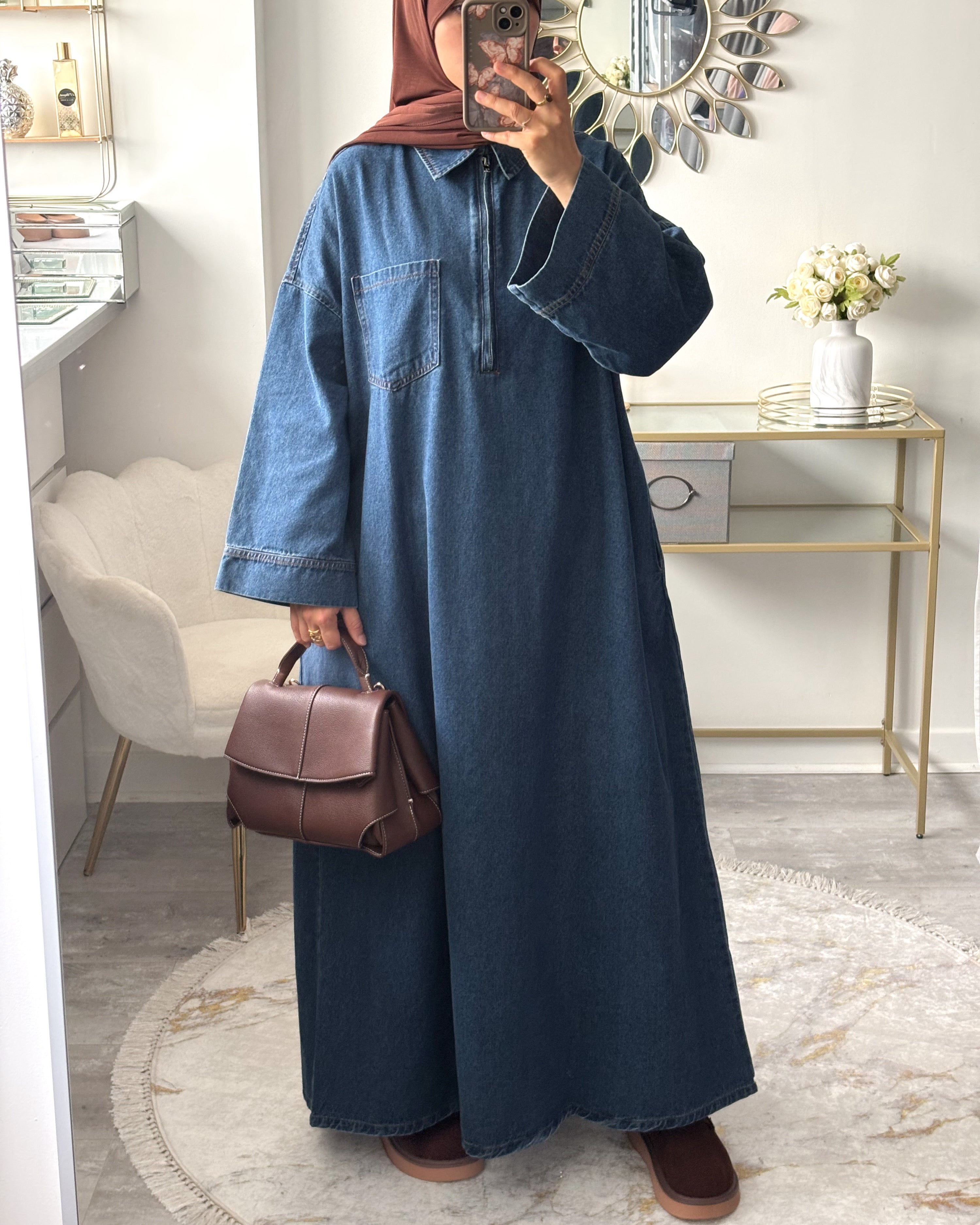 Abaya en jean zippée, coupe moderne et fluide, en coton 100 %, taille unique