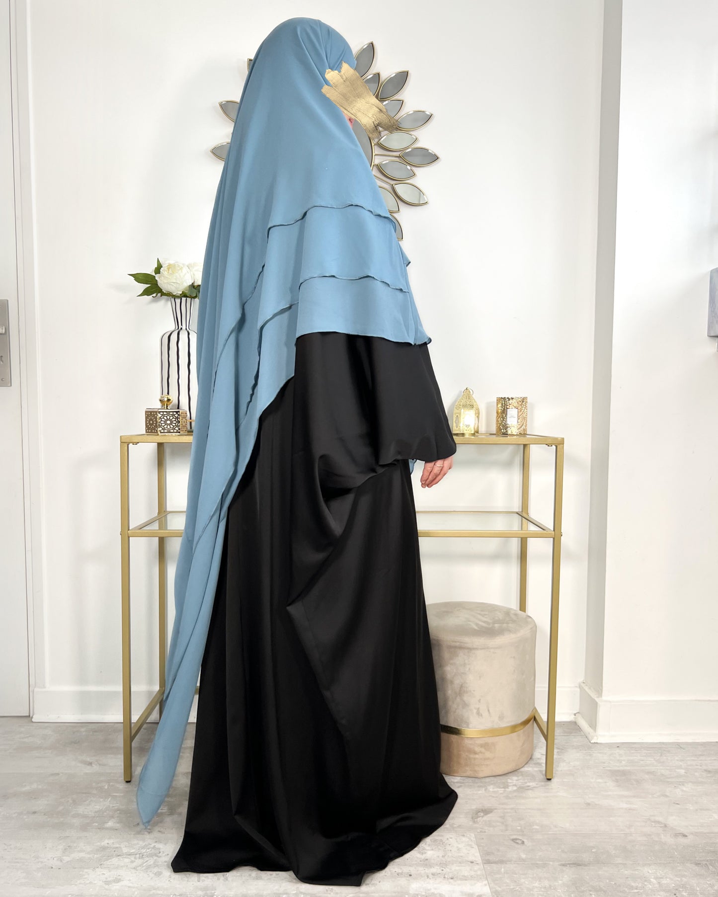 Khimar 3 voiles mousseline bleu denim clair