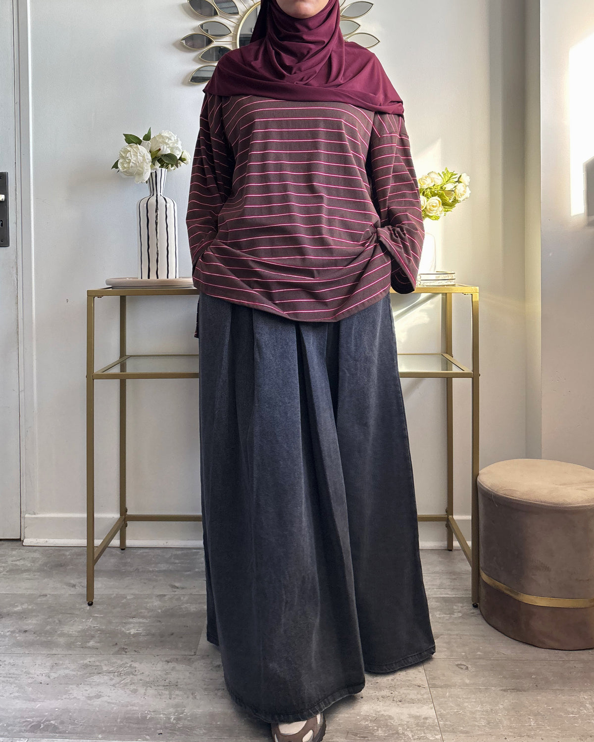 Jupe Longue en Jean Ample Noir Grisé – Modest Fashion