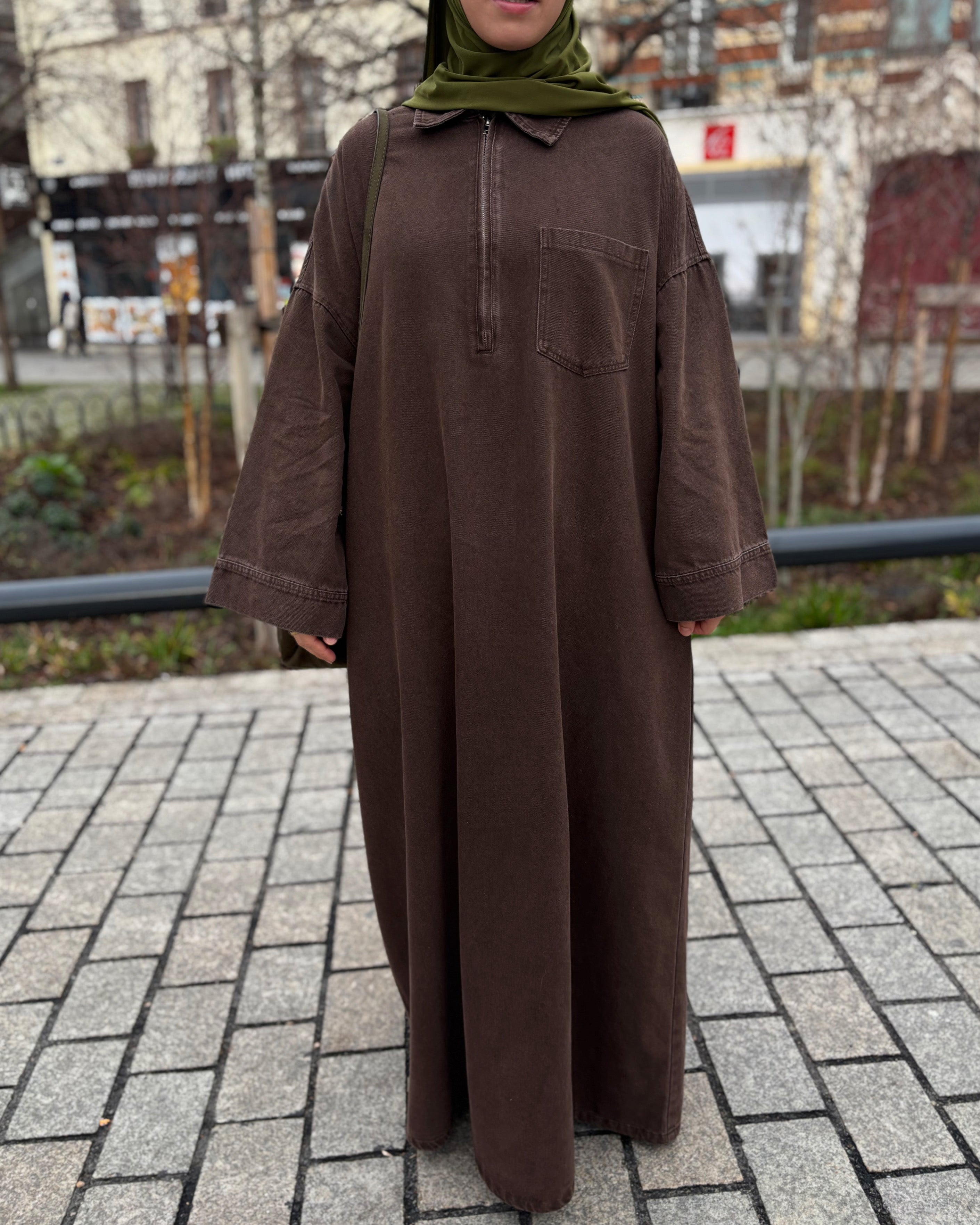 Abaya en jean zippée 100 % coton – Moderne & Tendance