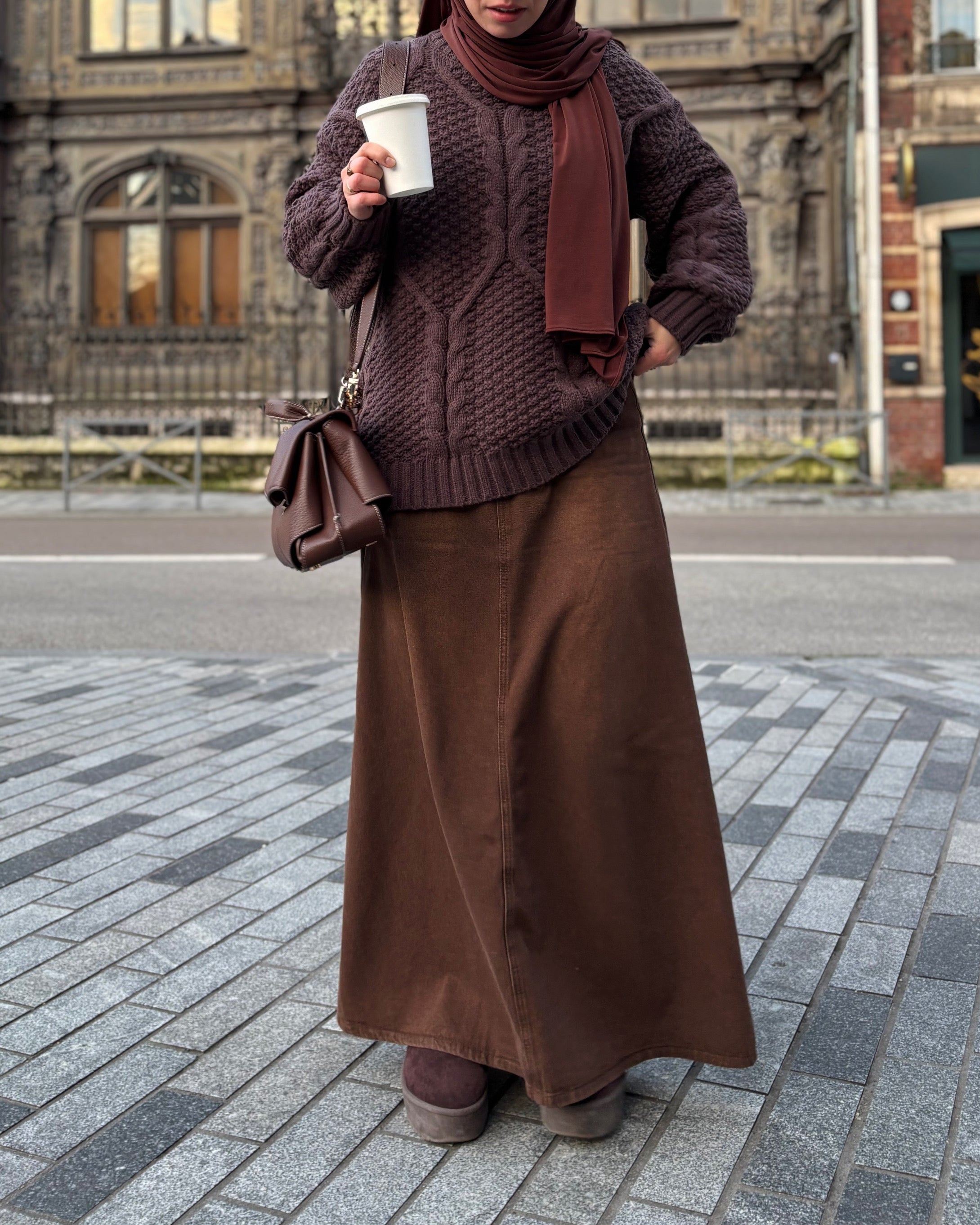 Jupe longue en jean marron chocolat - 100% coton