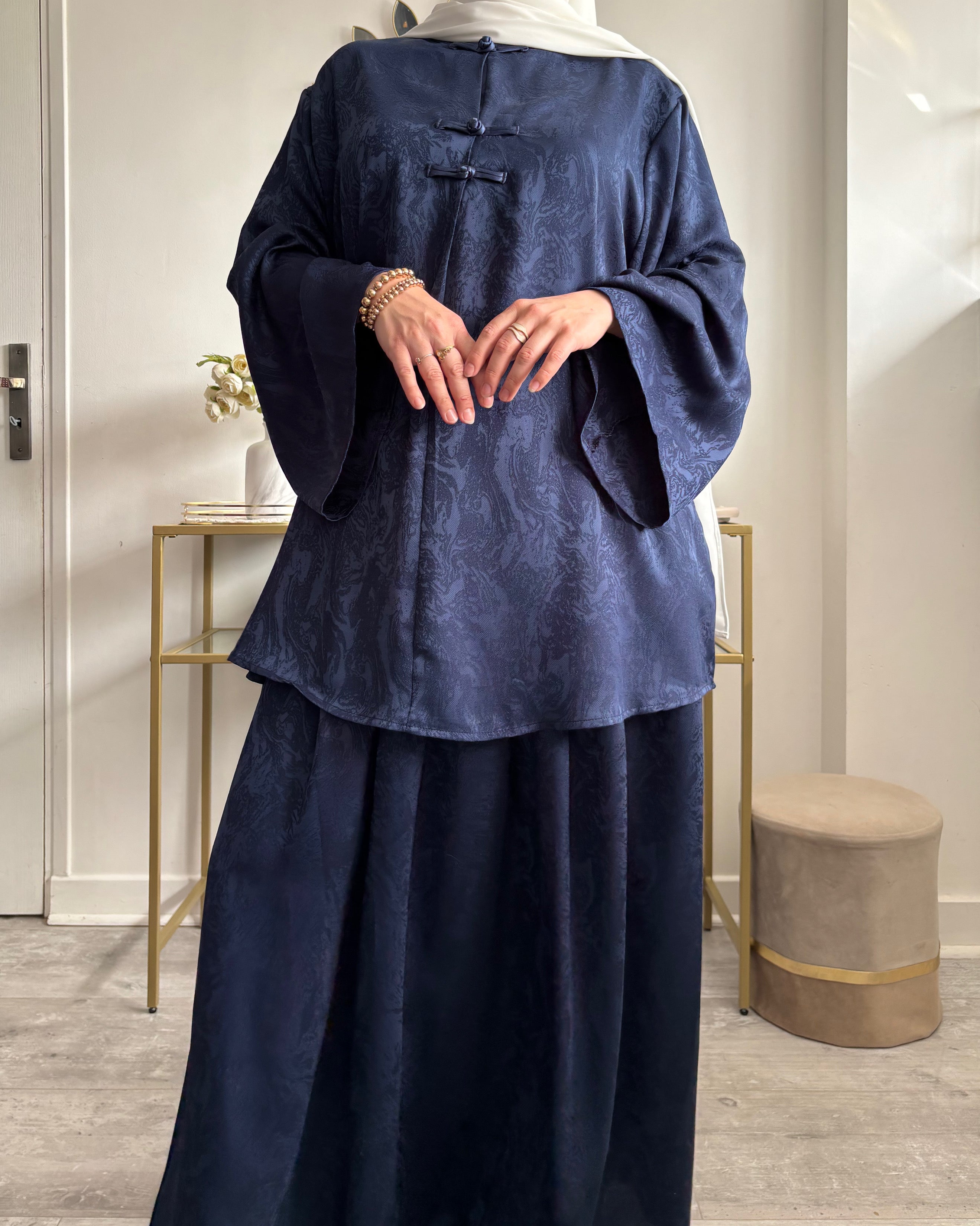 Ensemble Modest Fashion Femme – Tunique Ample & Jupe Longue Satinée Élégante