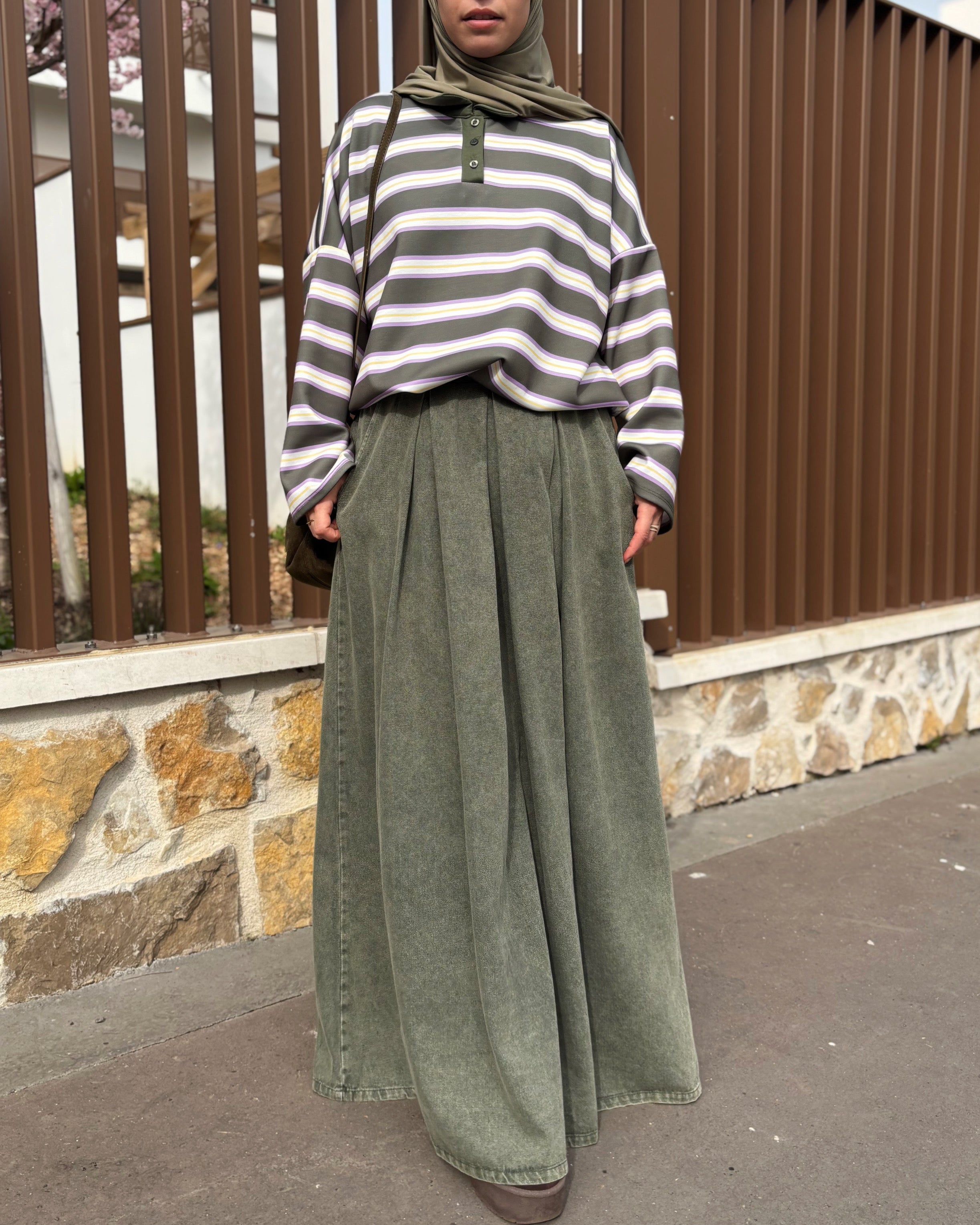 Jupe longue en jean oversize kaki – Modest Fashion premium 100% coton