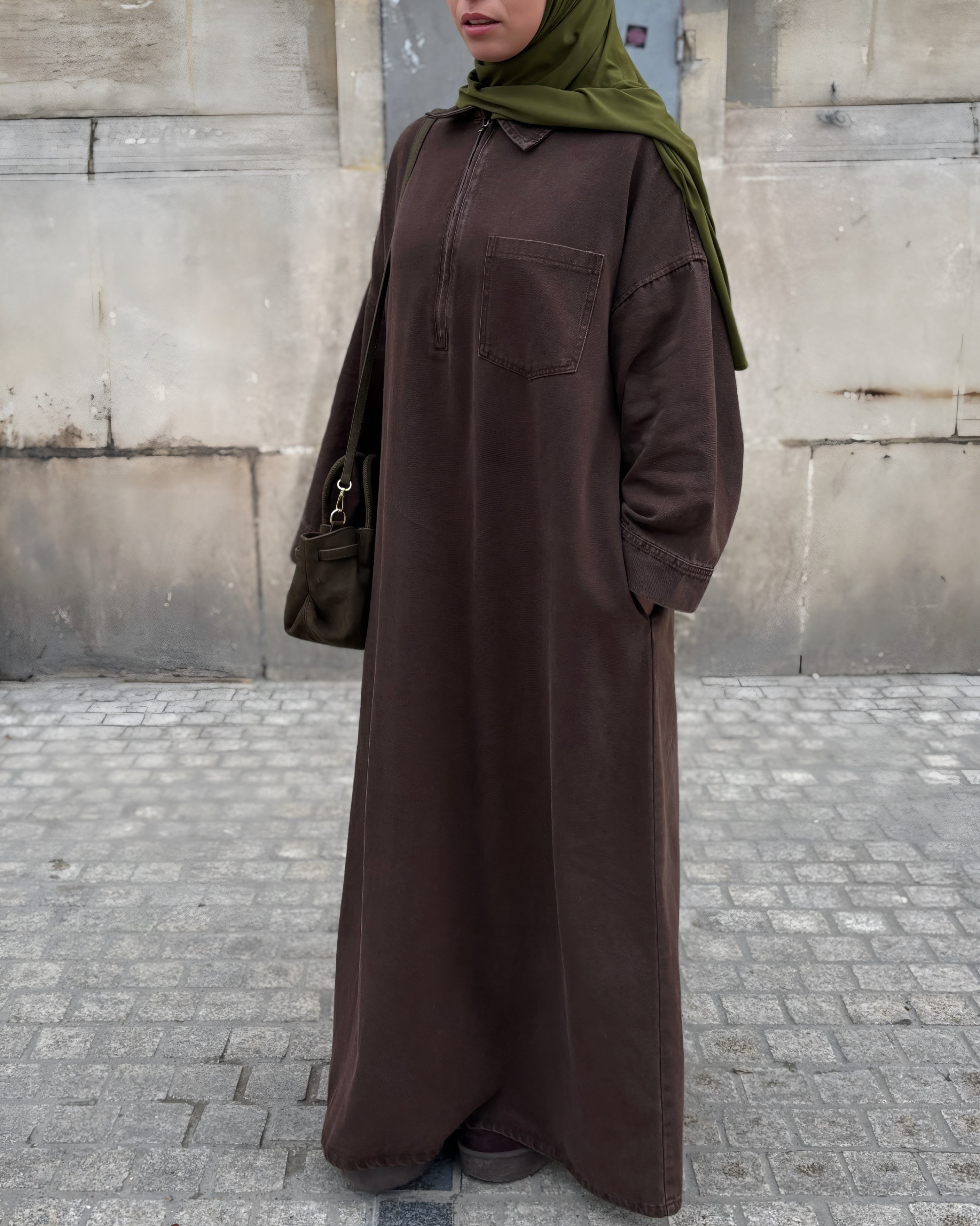 Abaya en jean zippée 100 % coton – Moderne & Tendance