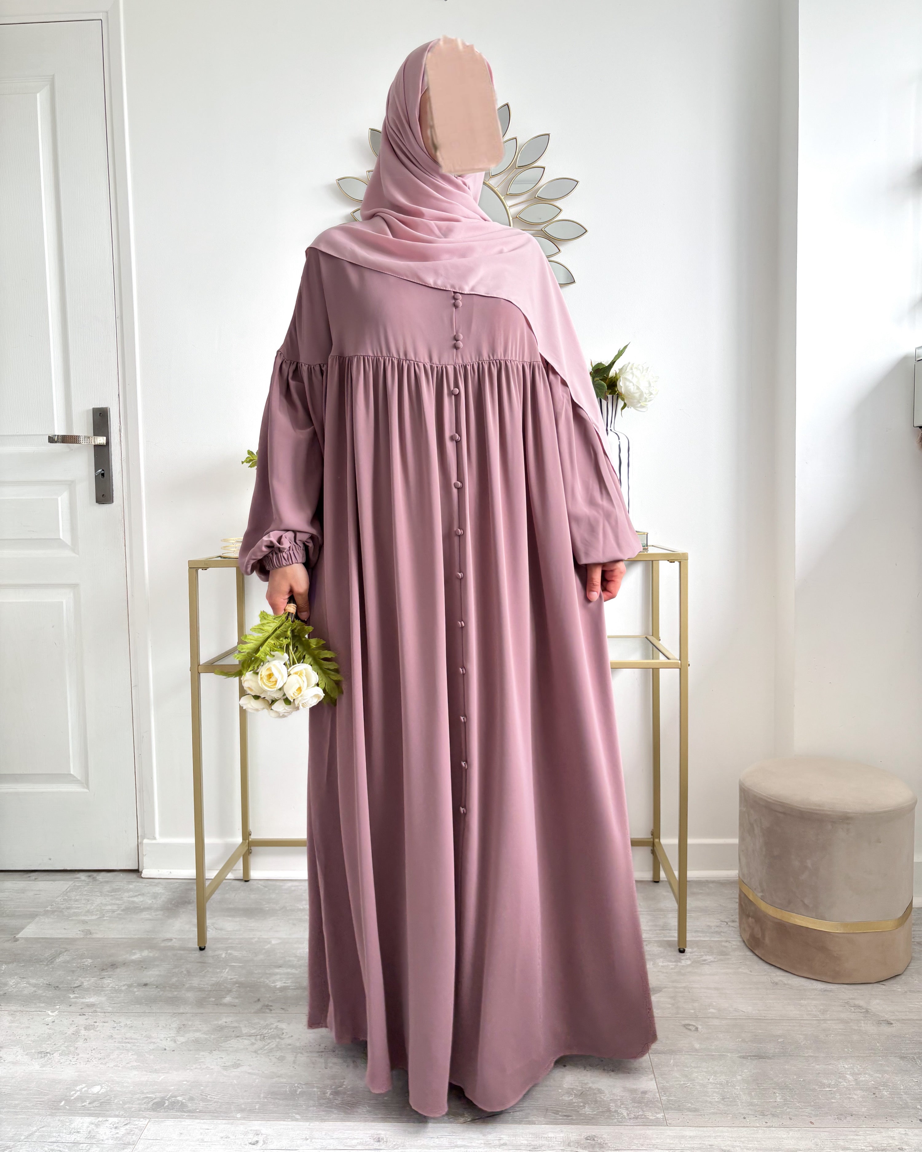 Abaya Alya vieux rose fluide et couvrante  – style modeste 