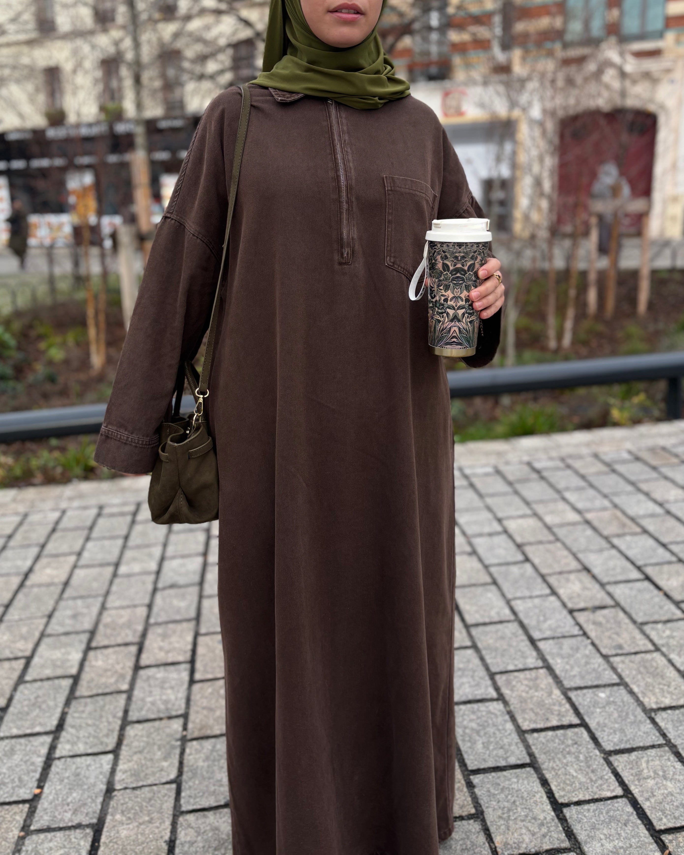 Abaya en jean zippée 100 % coton – Moderne & Tendance