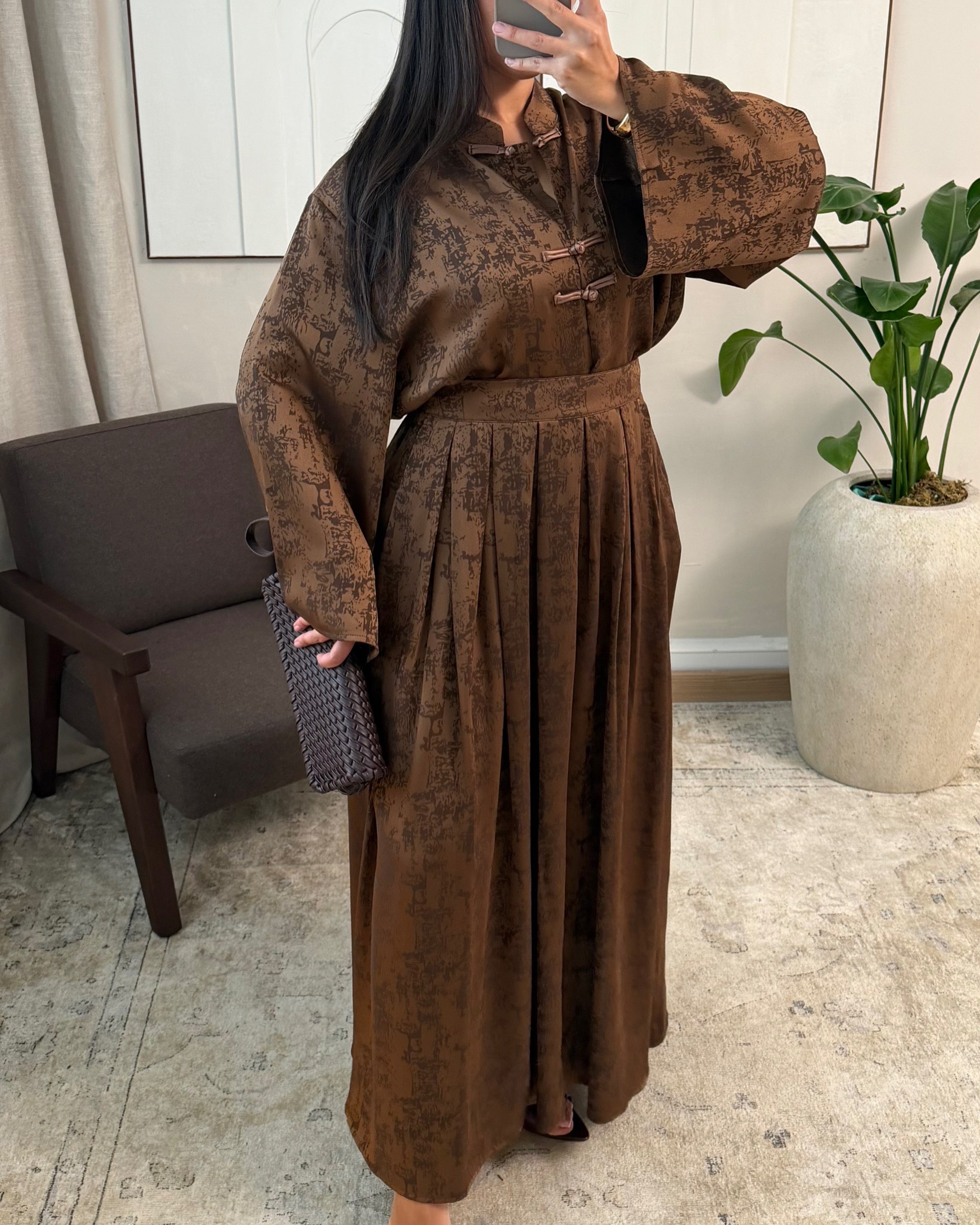 Ensemble Modest Fashion Femme – Tunique Fluide & Jupe Longue Satinée Élégante