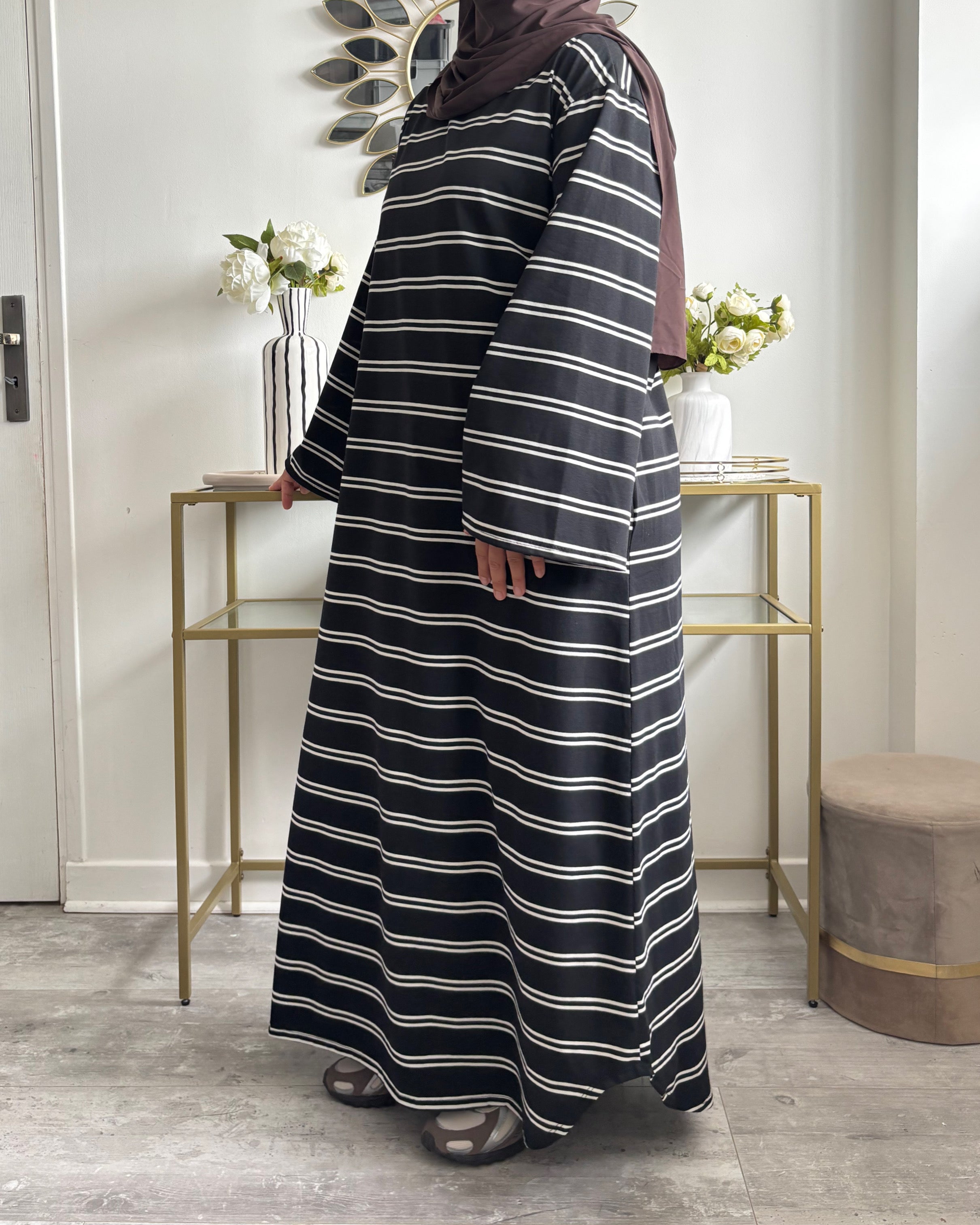 Robe longue polo rayée en coton – Manches évasées & poches