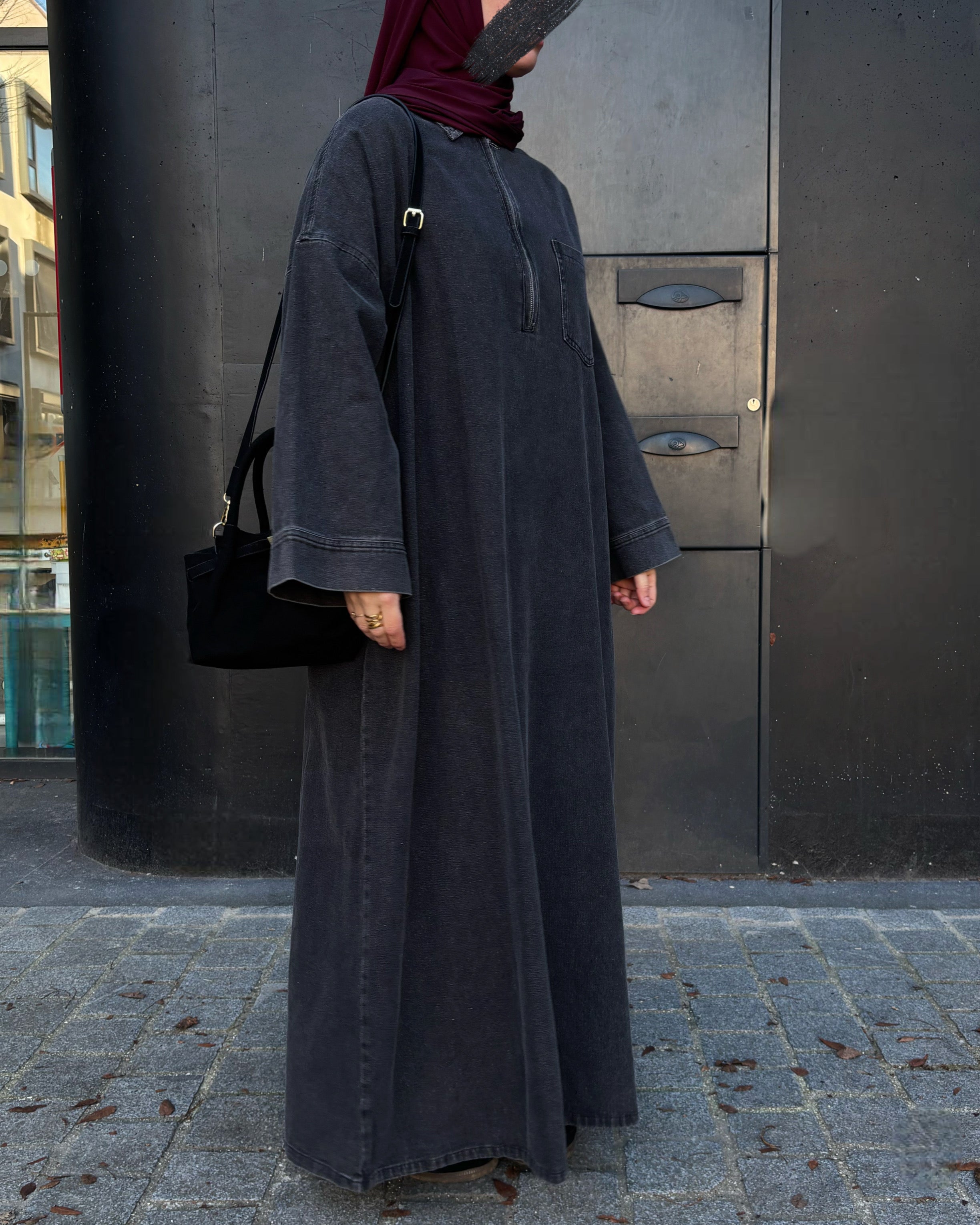 Abaya en jean zippée 100 % coton – Moderne & Tendance