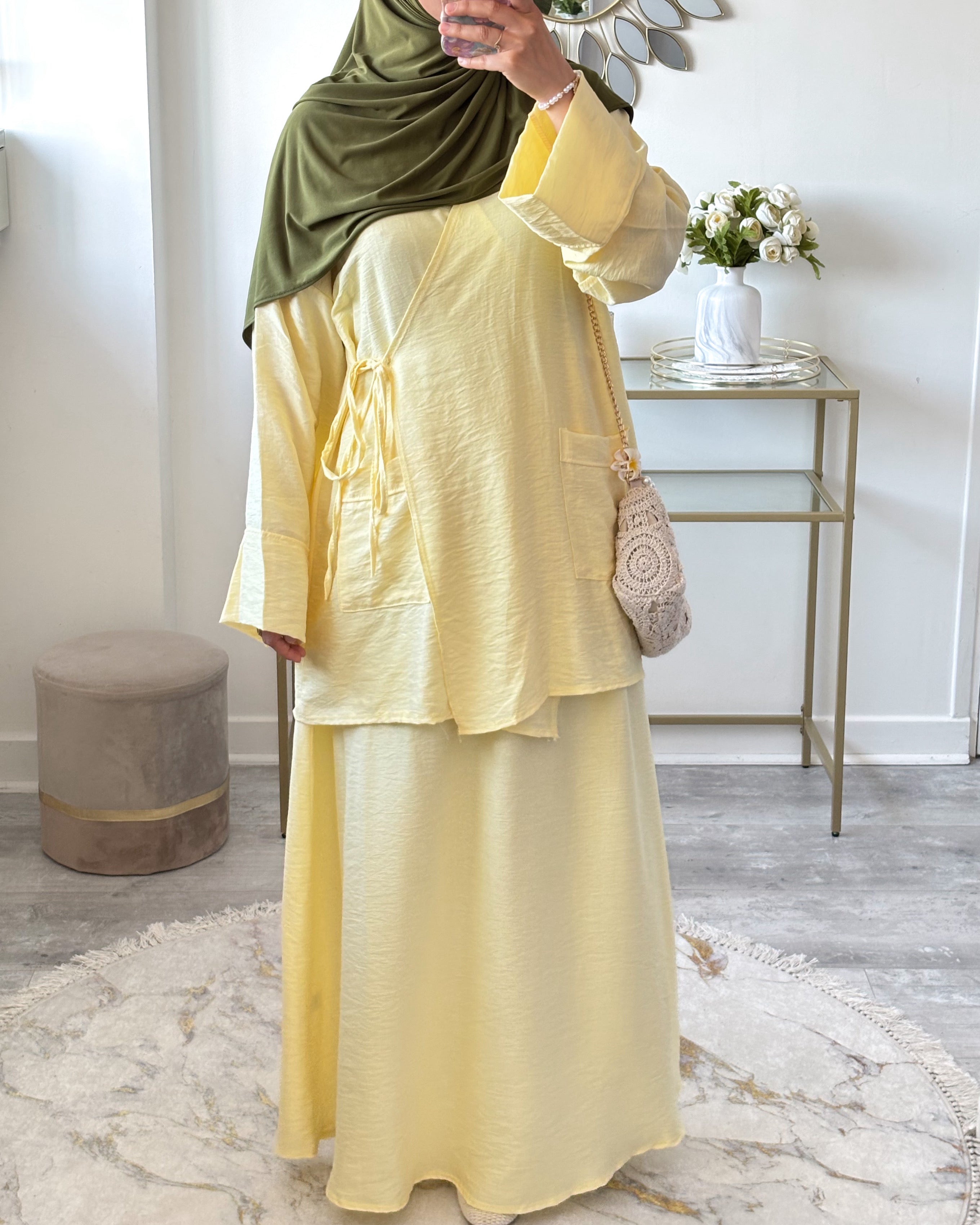 Ensemble Modeste Tunique Croisée & Jupe Évasée – Jaune ou Bleu Bébé