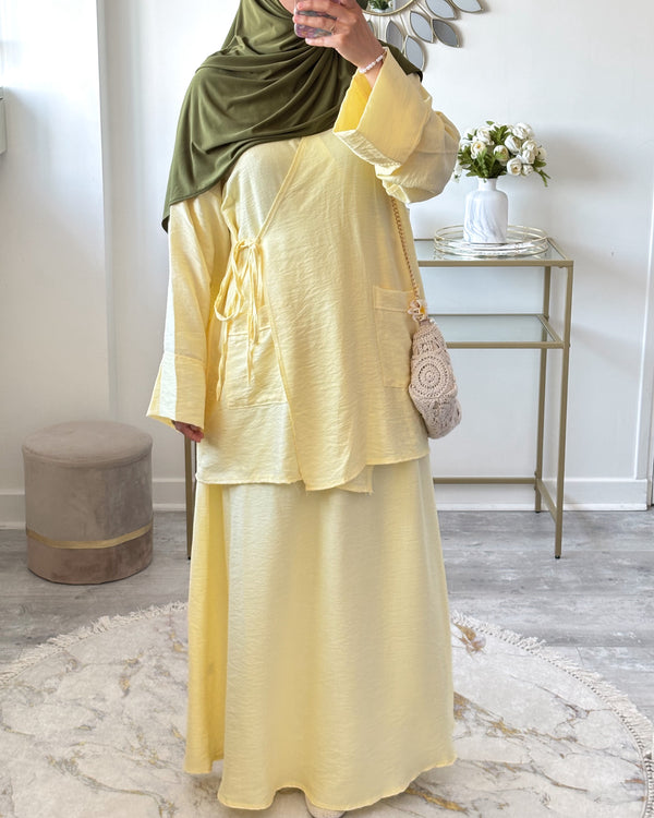Ensemble Modeste Tunique Croisée & Jupe Évasée – Jaune ou Bleu Bébé