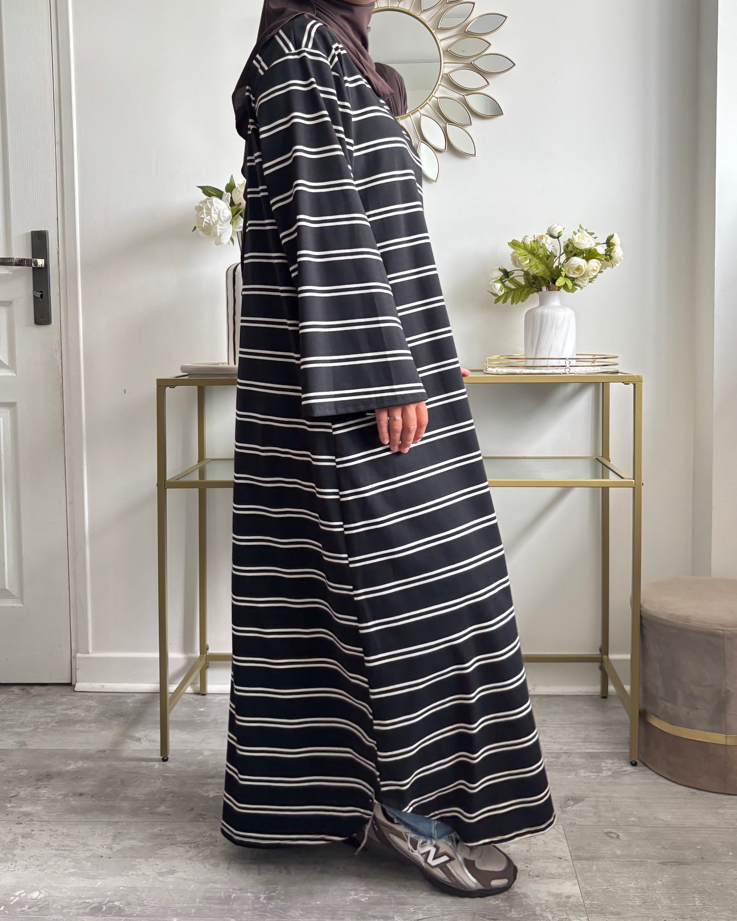 Robe longue polo rayée en coton – Manches évasées & poches