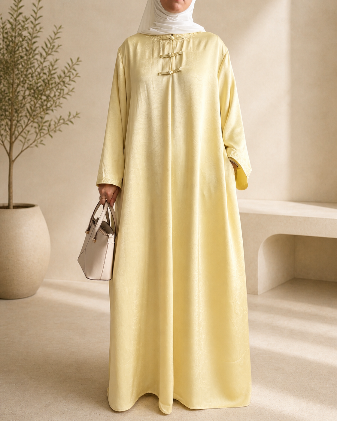Abaya Élégante Style Asiatique – Boutons Pankou & Tissu Satiné