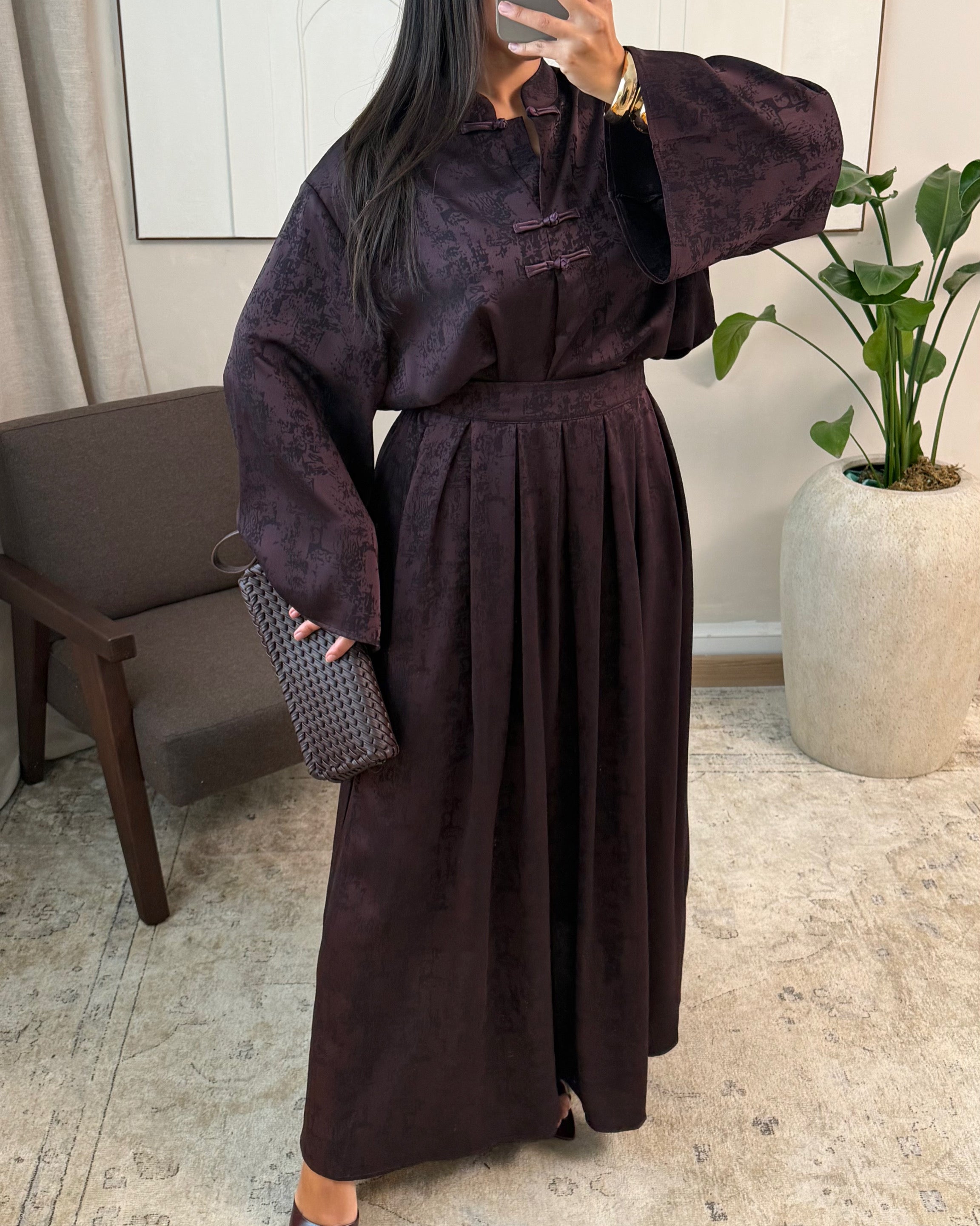 Ensemble Modest Fashion Femme – Tunique Fluide & Jupe Longue Satinée Élégante