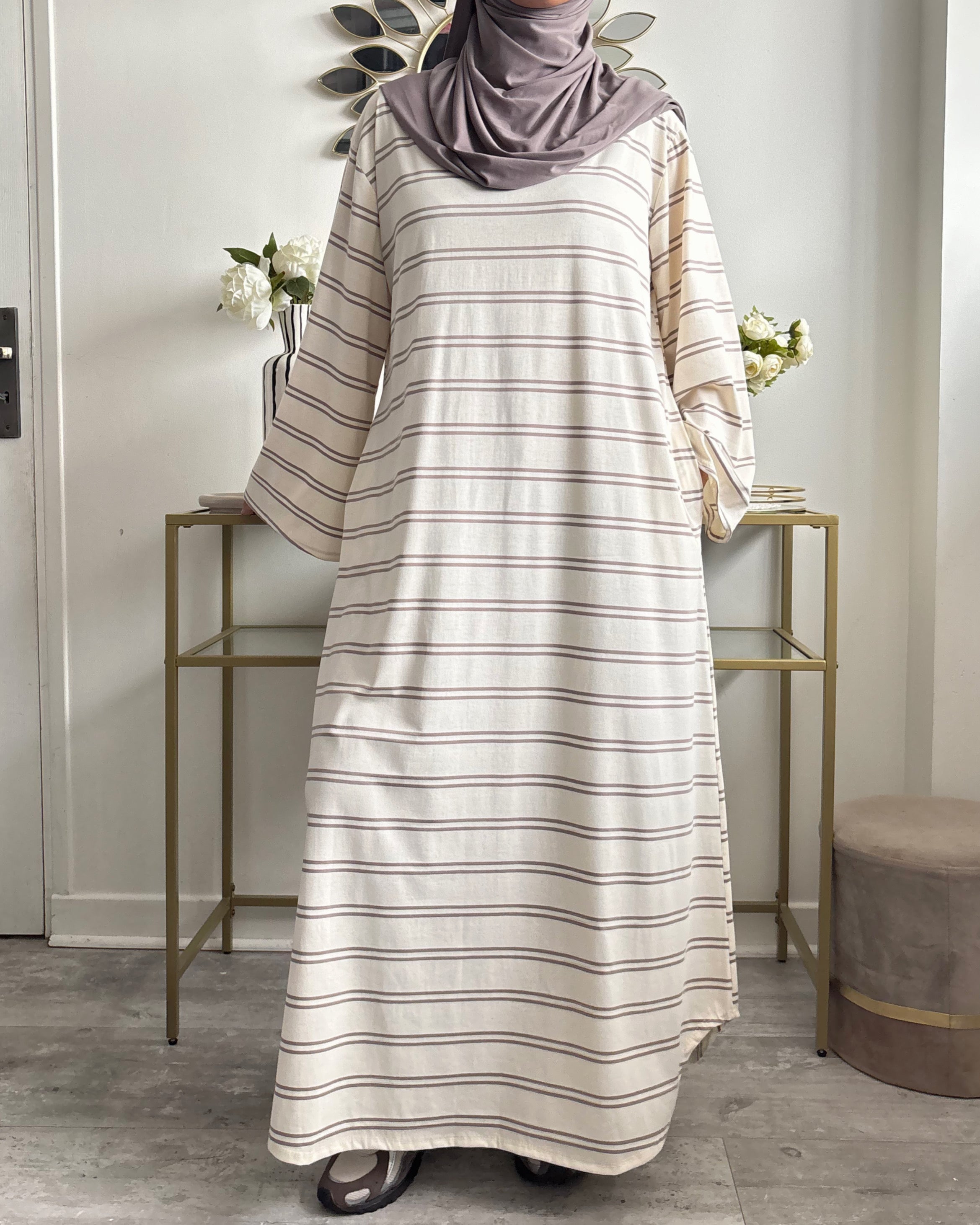 Robe longue polo rayée en coton – Manches évasées & poches