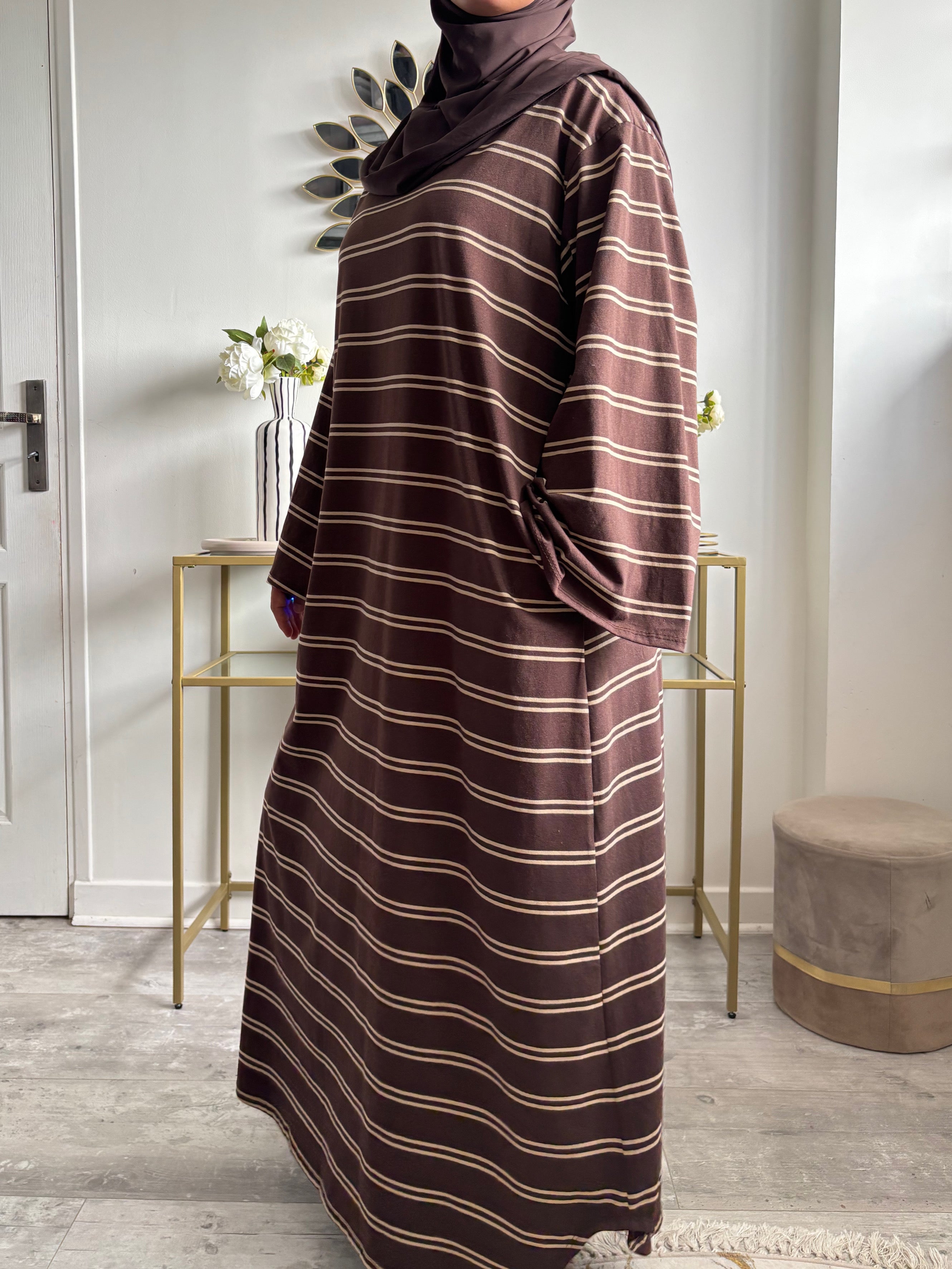 Robe longue polo rayée en coton – Manches évasées & poches