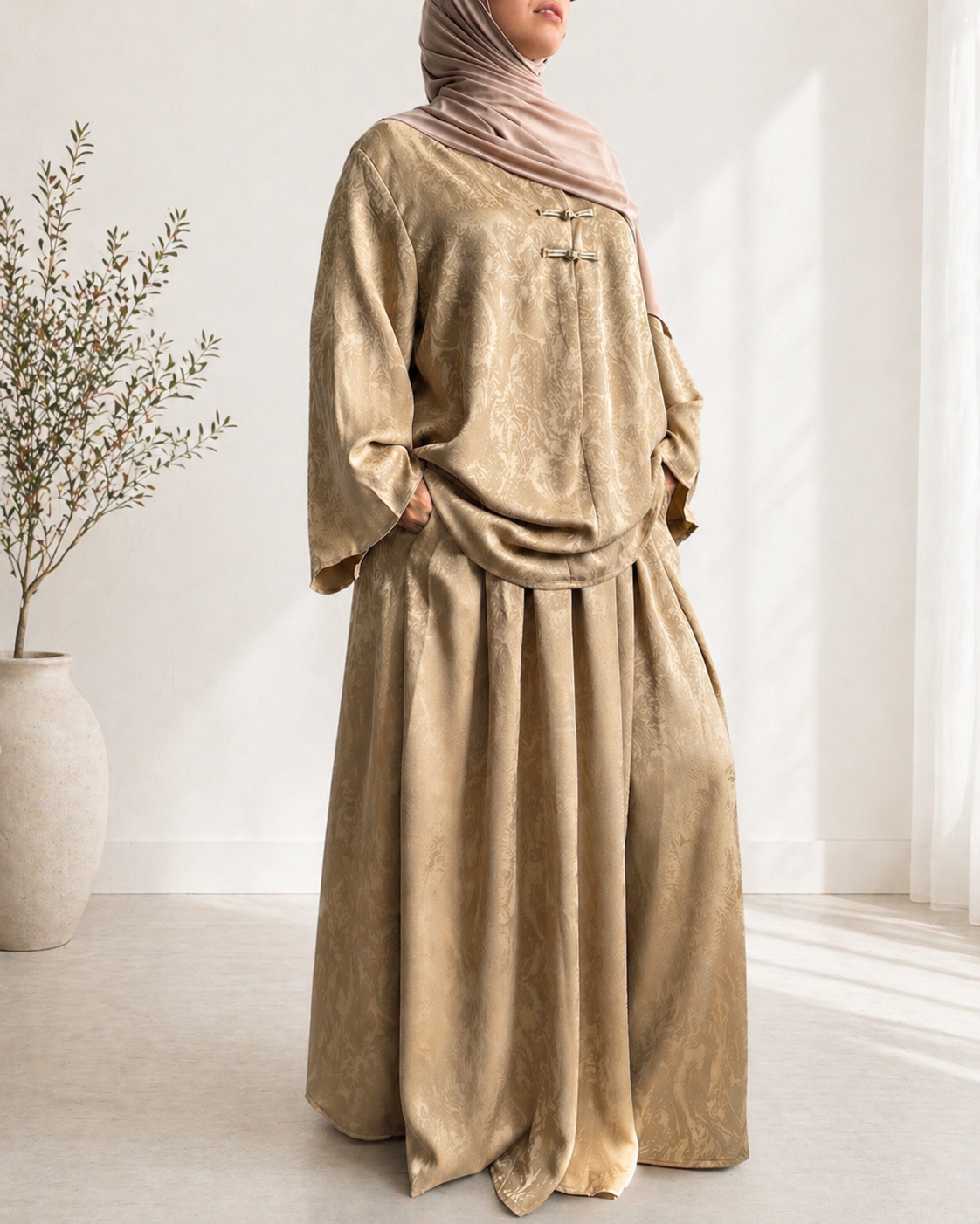Ensemble Modest Fashion Femme – Tunique Ample & Jupe Longue Satinée Élégante