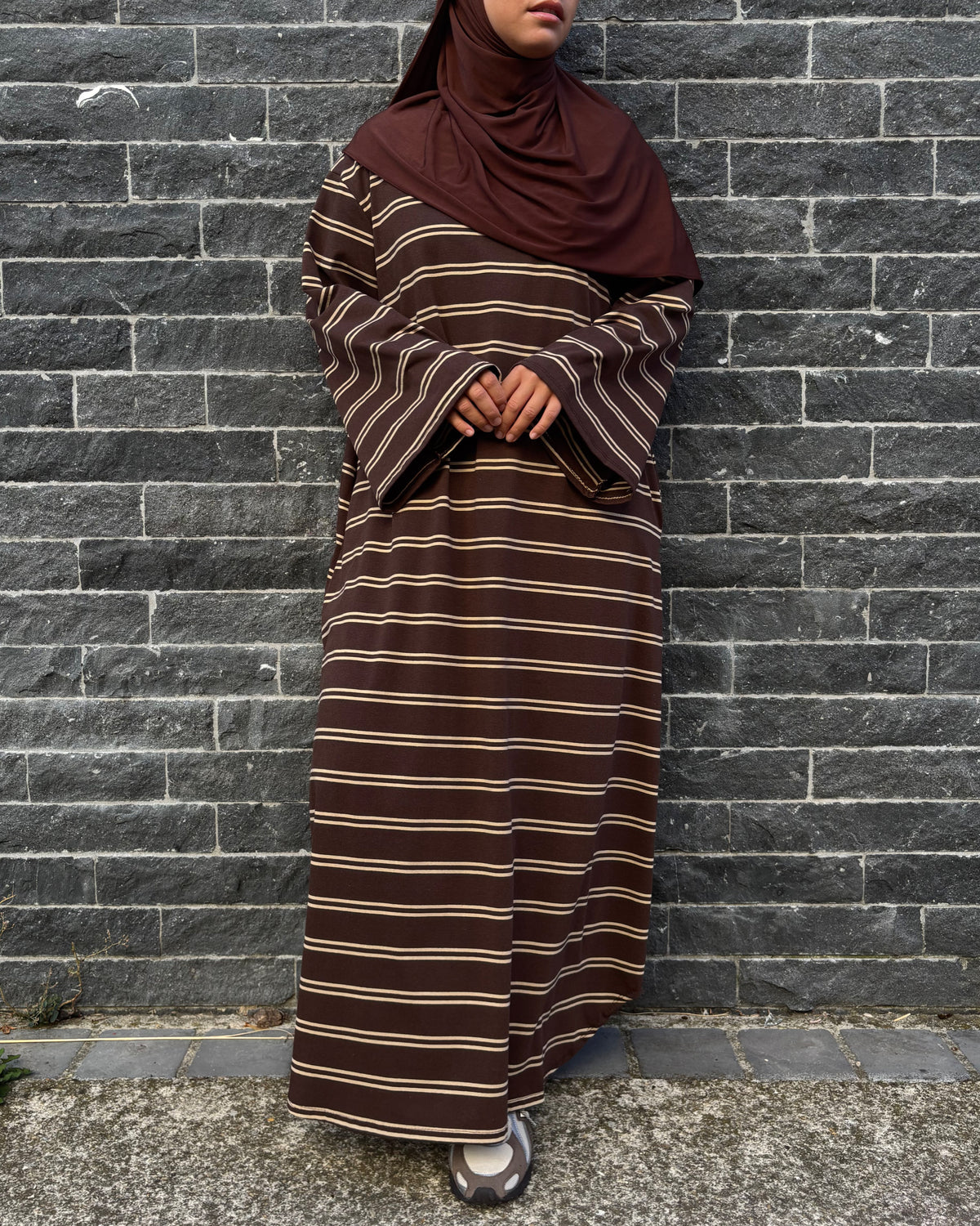 Robe longue polo rayée en coton – Manches évasées & poches
