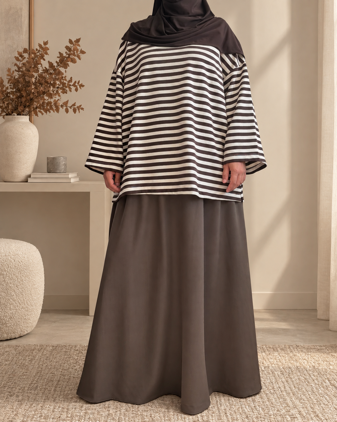 Marinière Oversize Femme Écru & Chocolat – Modest Fashion