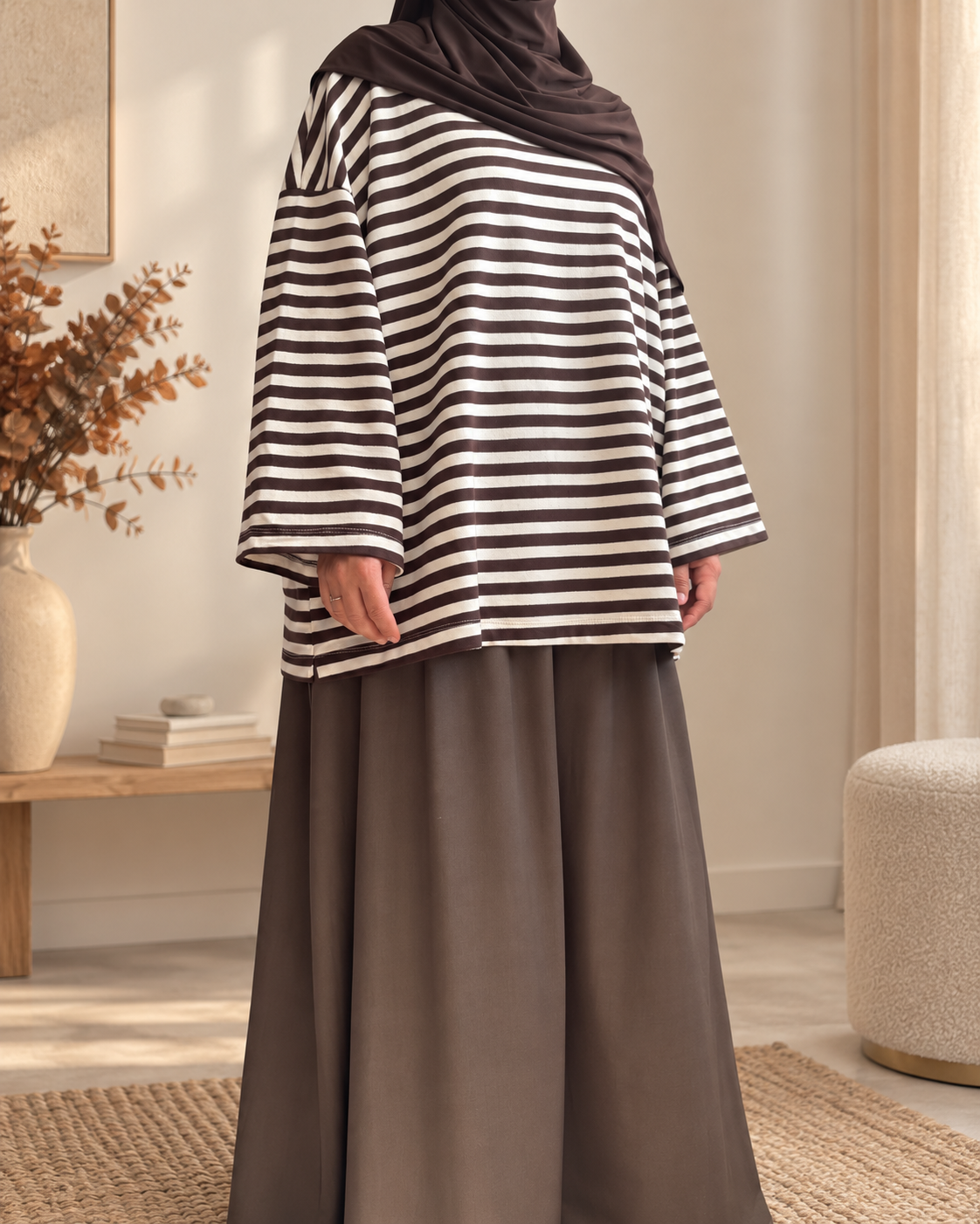 Marinière Oversize Femme Écru & Chocolat – Modest Fashion